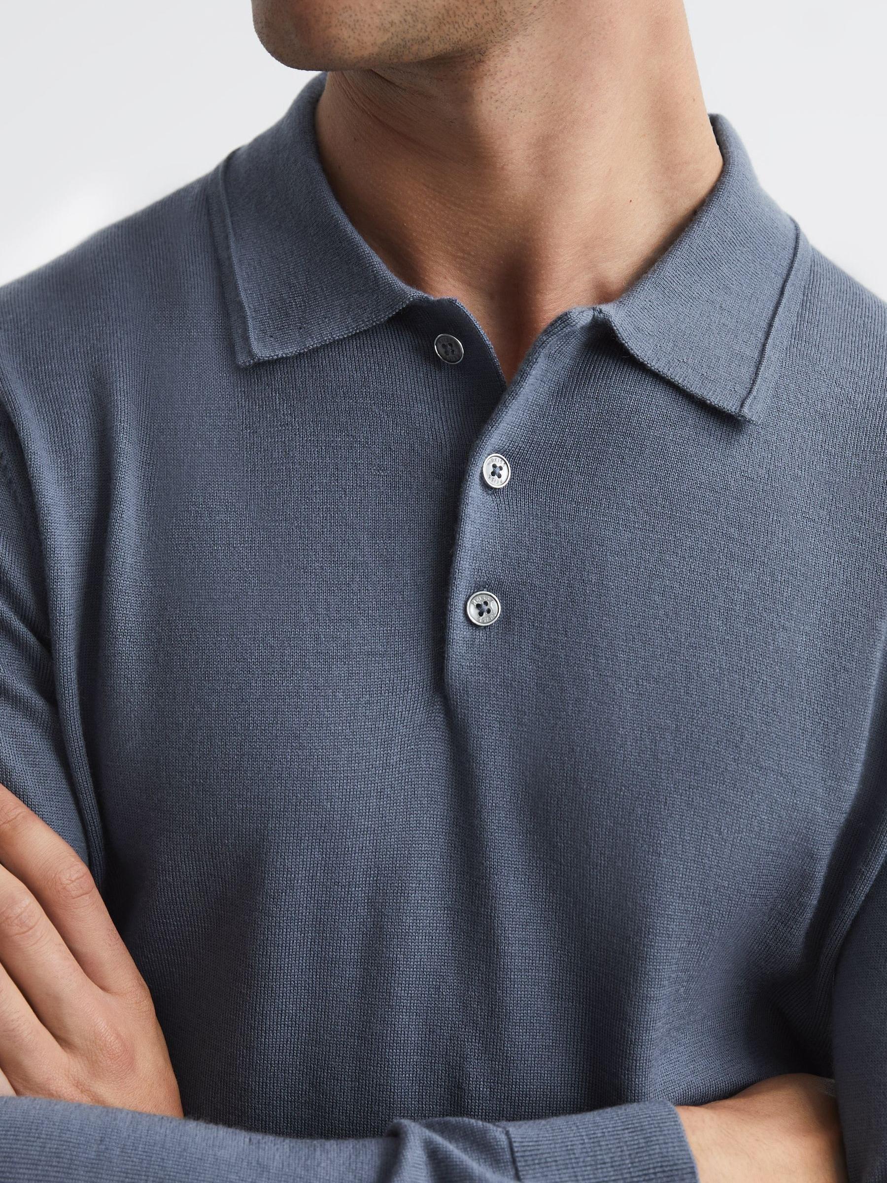 Merino Wool Polo Shirt in Nickel Blue - Image 4 of 6