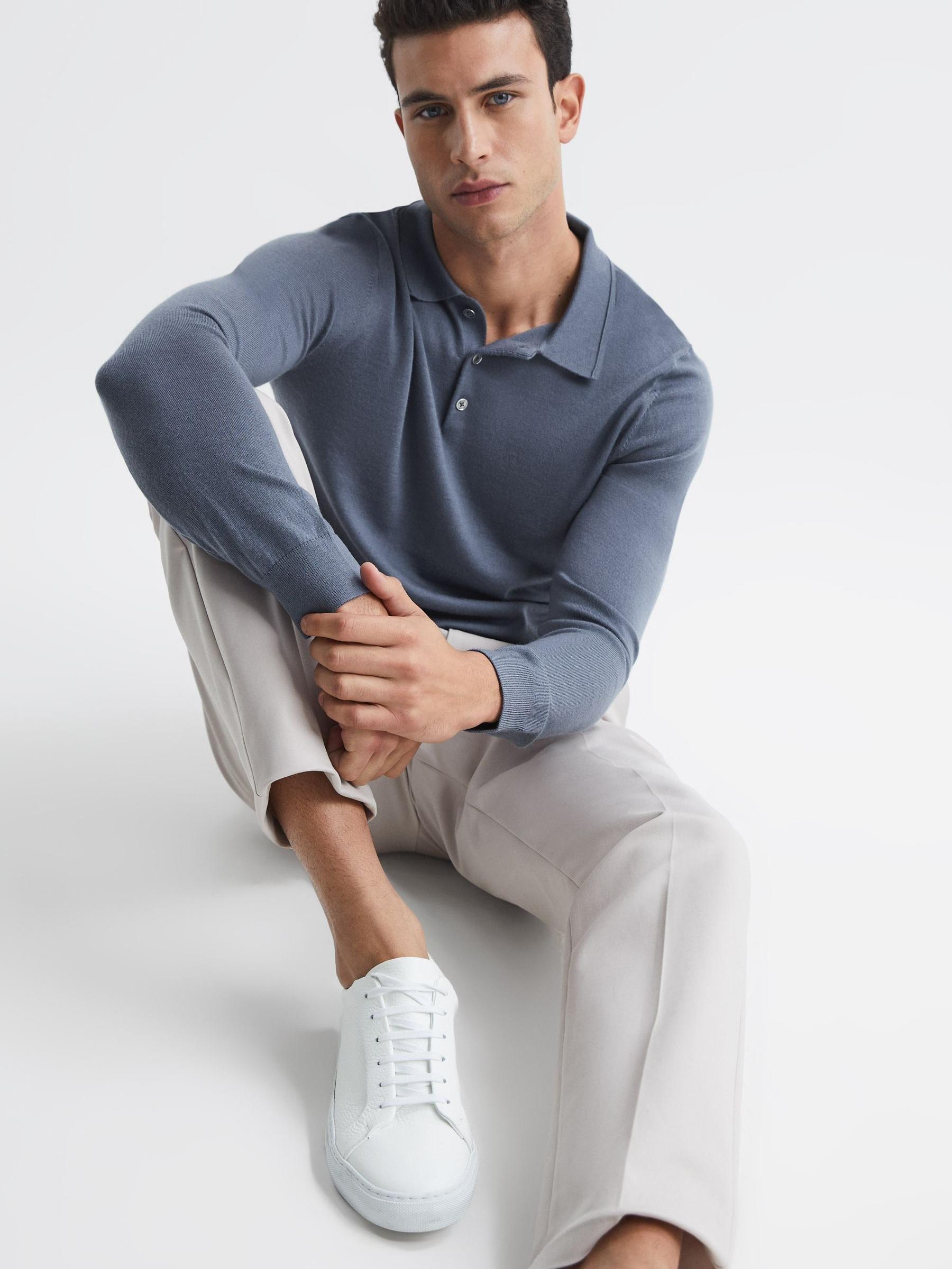 Merino Wool Polo Shirt in Nickel Blue - Image 6 of 6
