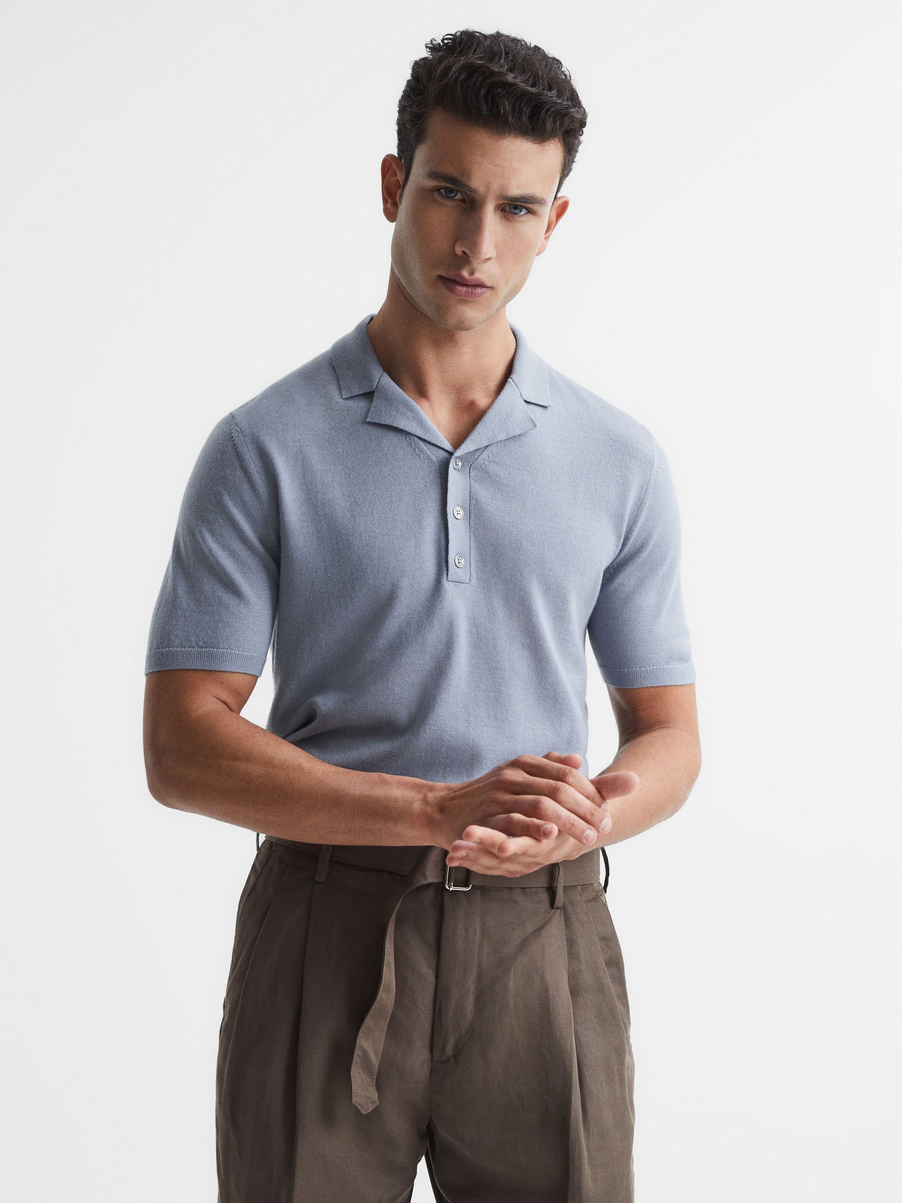 Merino Wool Cuban Collar Polo T-Shirt in Dove Blue - Image 1 of 7