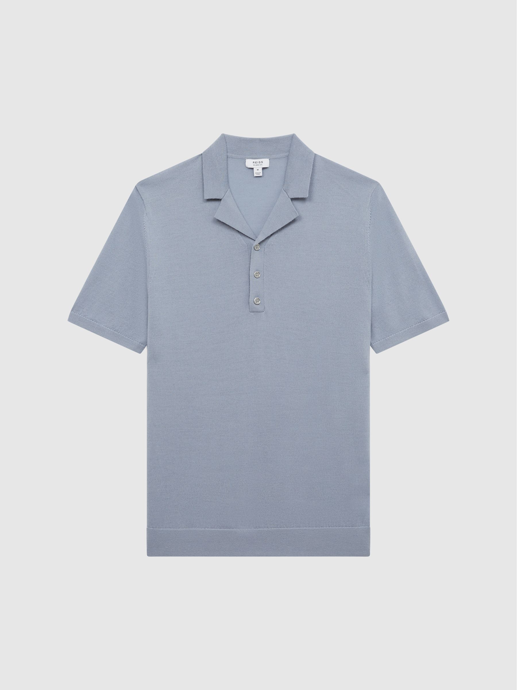 Merino Wool Cuban Collar Polo T-Shirt in Dove Blue - Image 2 of 7 Merino Wool Cuban Collar Polo T-Shirt in Dove Blue - Image 2 of 7
