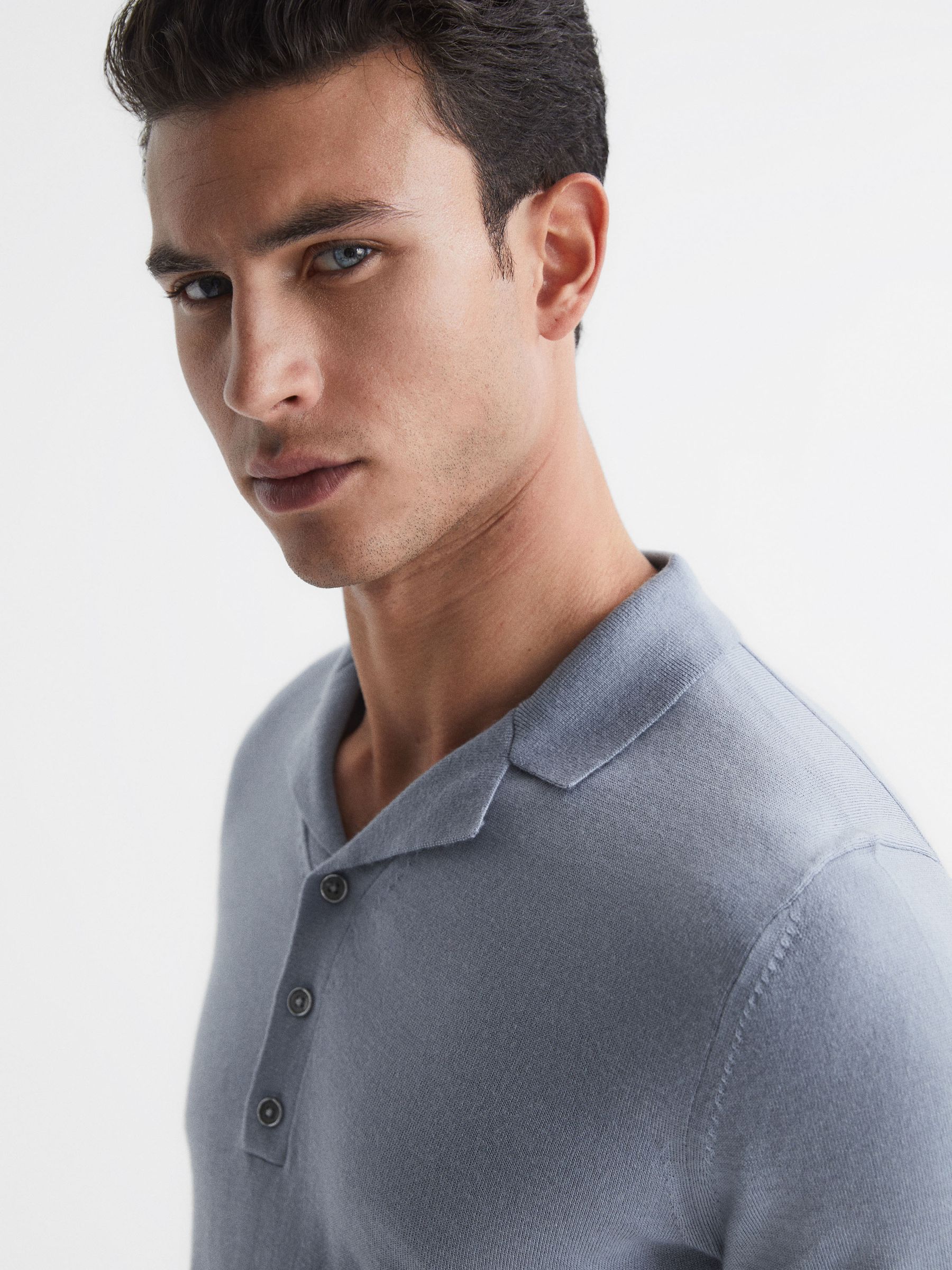 Merino Wool Cuban Collar Polo T-Shirt in Dove Blue - Image 6 of 7