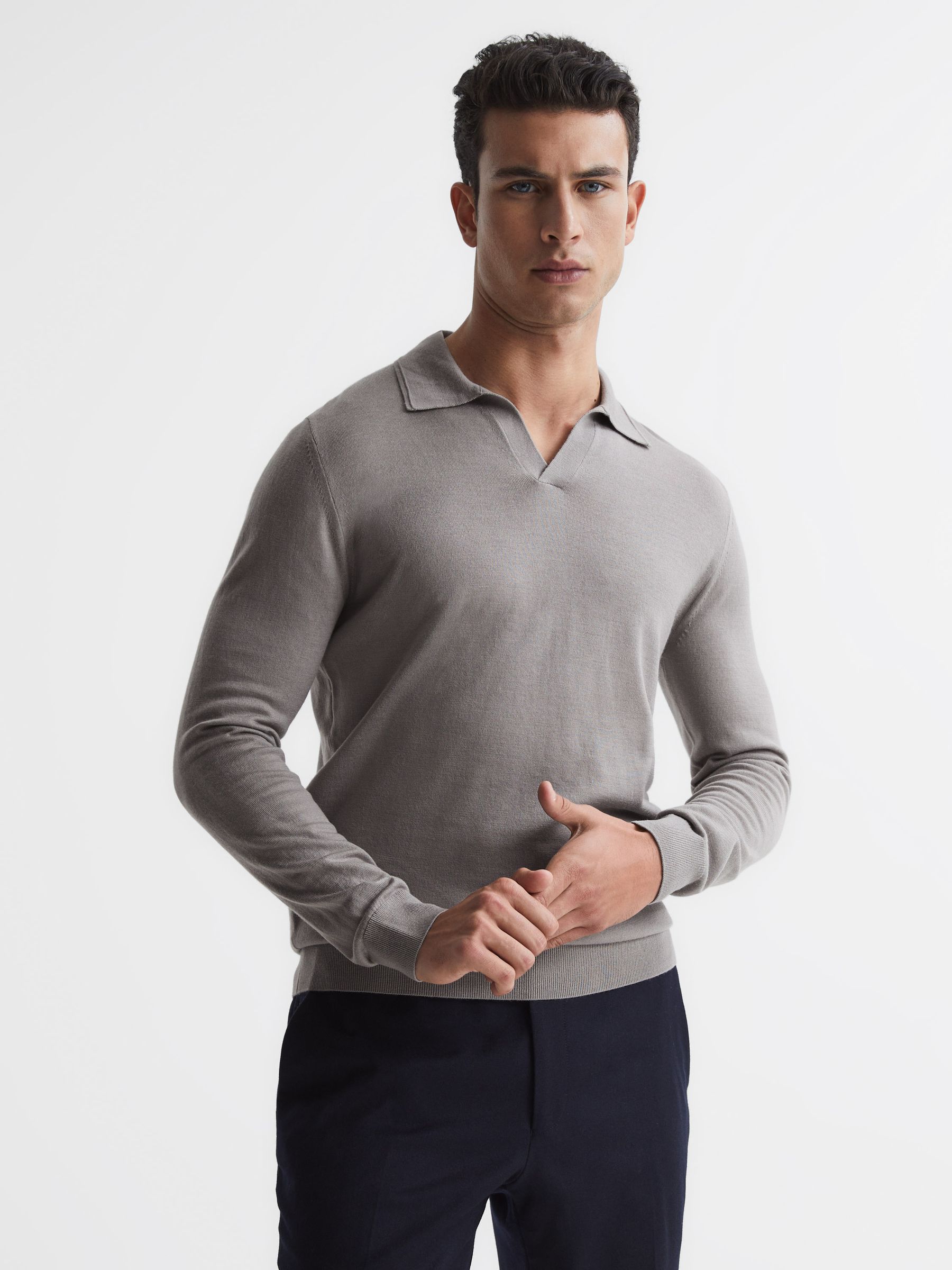 Milburn Flint Grey Merino Wool Open Collar Polo Shirt - Image 1 of 7 Milburn Flint Grey Merino Wool Open Collar Polo Shirt - Image 1 of 7