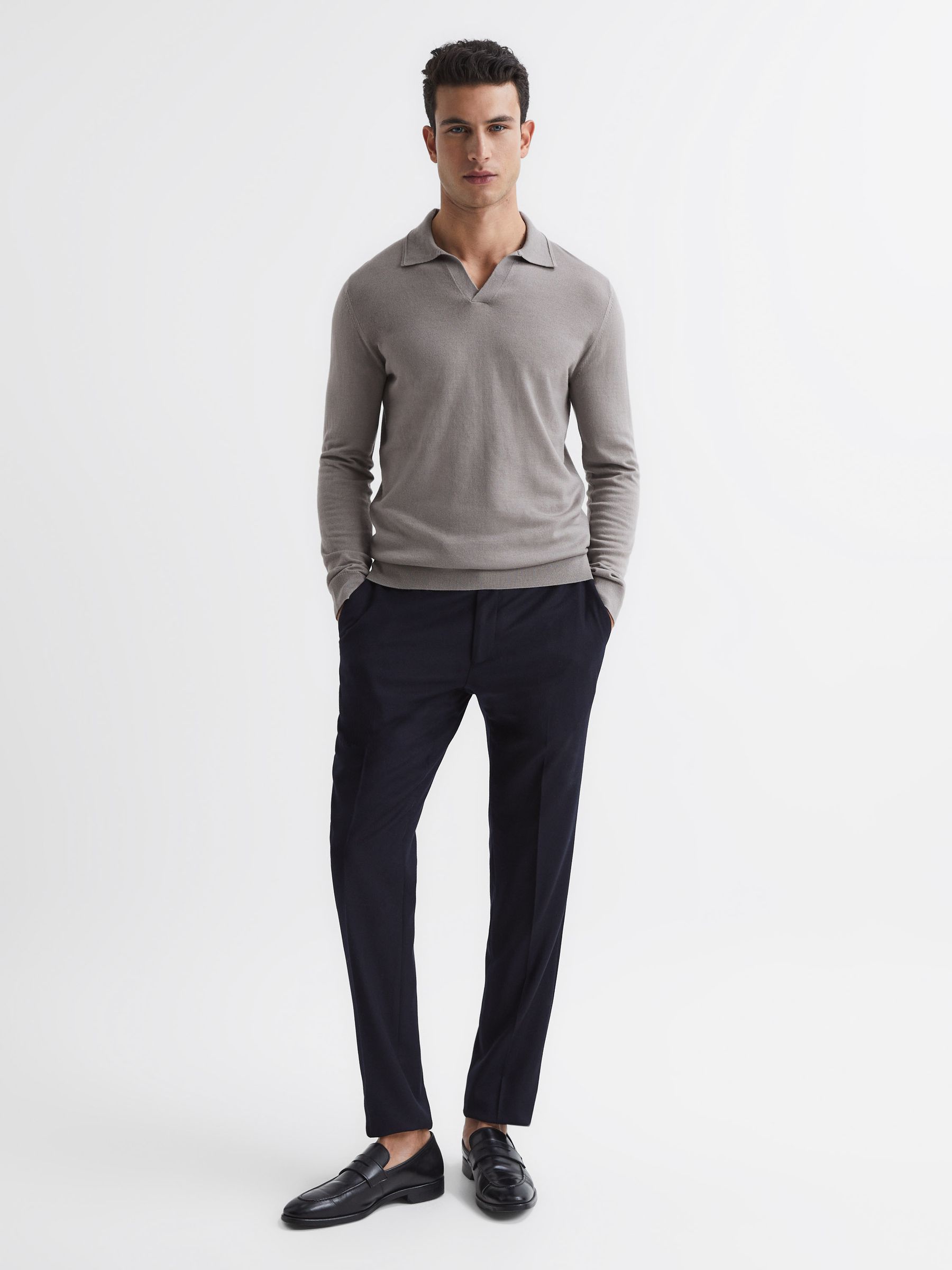 Milburn Flint Grey Merino Wool Open Collar Polo Shirt - Image 3 of 7
