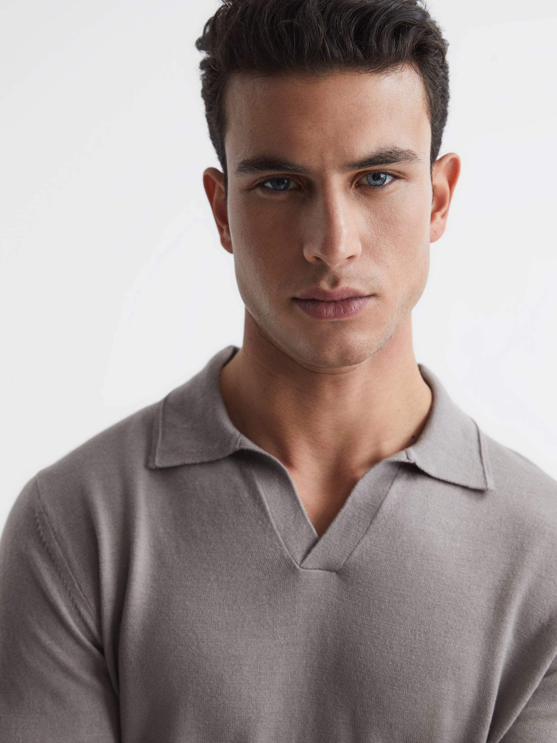 Milburn Flint Grey Merino Wool Open Collar Polo Shirt - Image 6 of 7