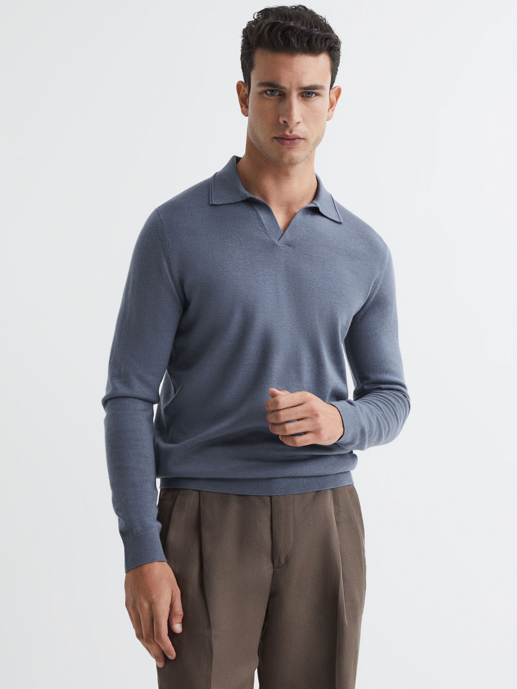 Merino Wool Open Collar Polo Shirt in Nickel Blue - Image 1 of 7 Merino Wool Open Collar Polo Shirt in Nickel Blue - Image 1 of 7