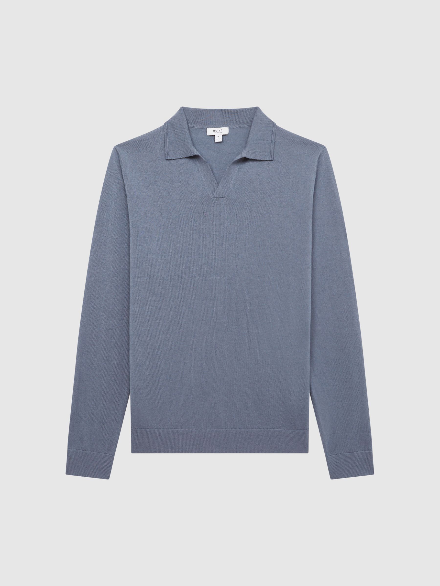 Merino Wool Open Collar Polo Shirt in Nickel Blue - Image 2 of 7