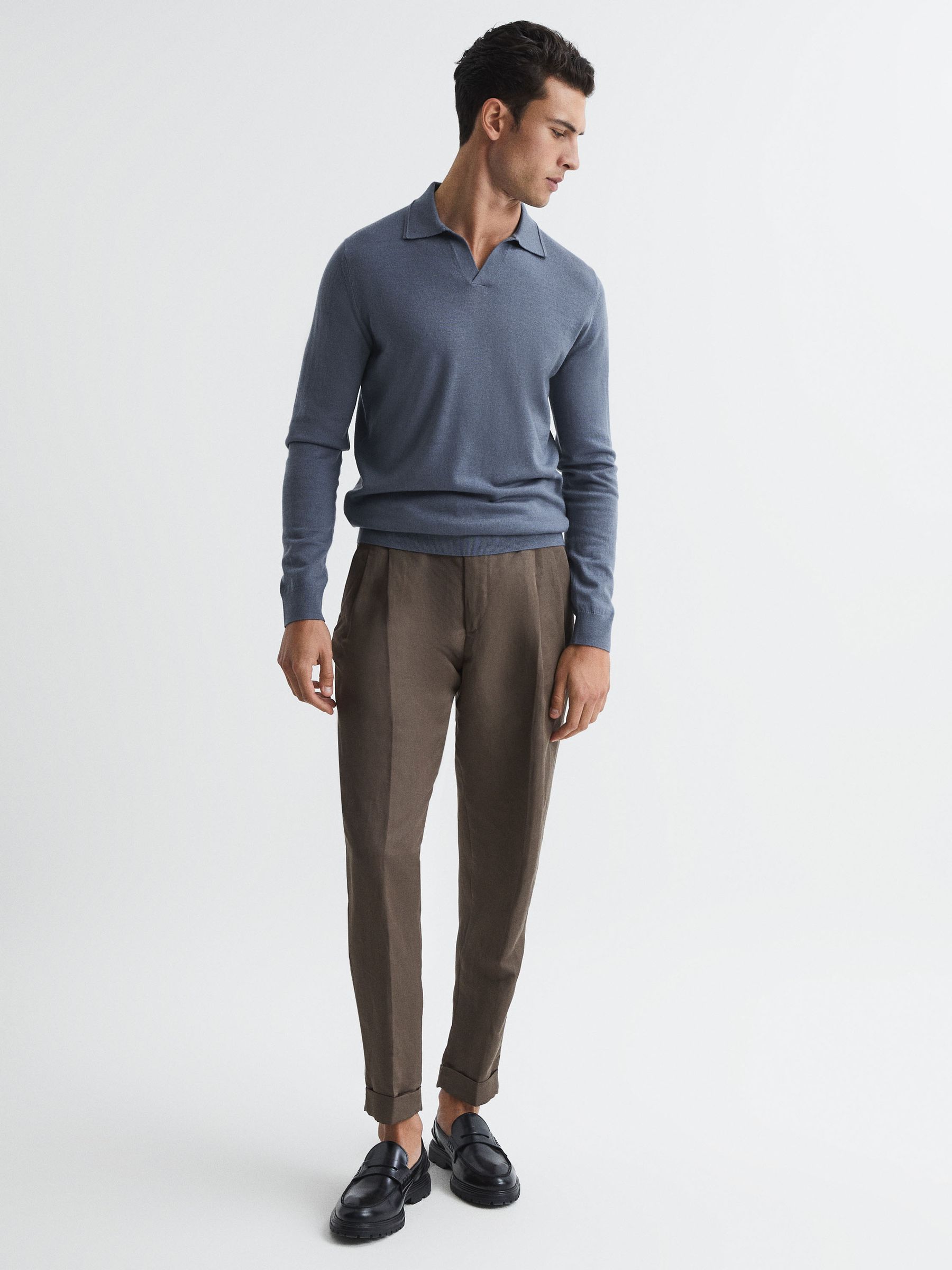 Merino Wool Open Collar Polo Shirt in Nickel Blue - Image 3 of 7