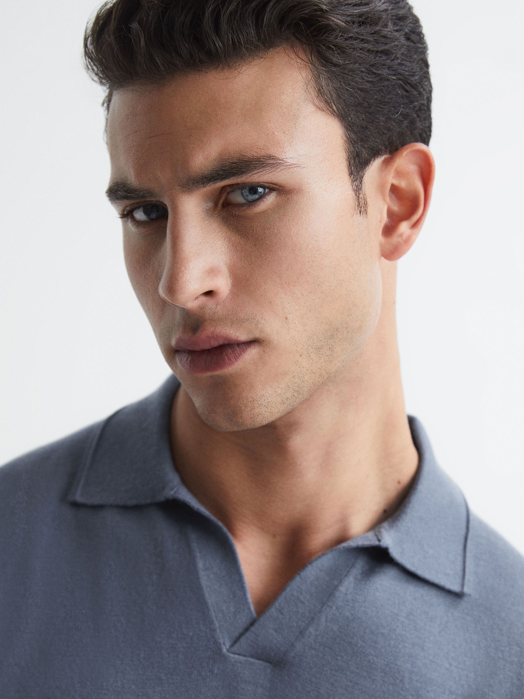 Merino Wool Open Collar Polo Shirt in Nickel Blue - Image 4 of 7