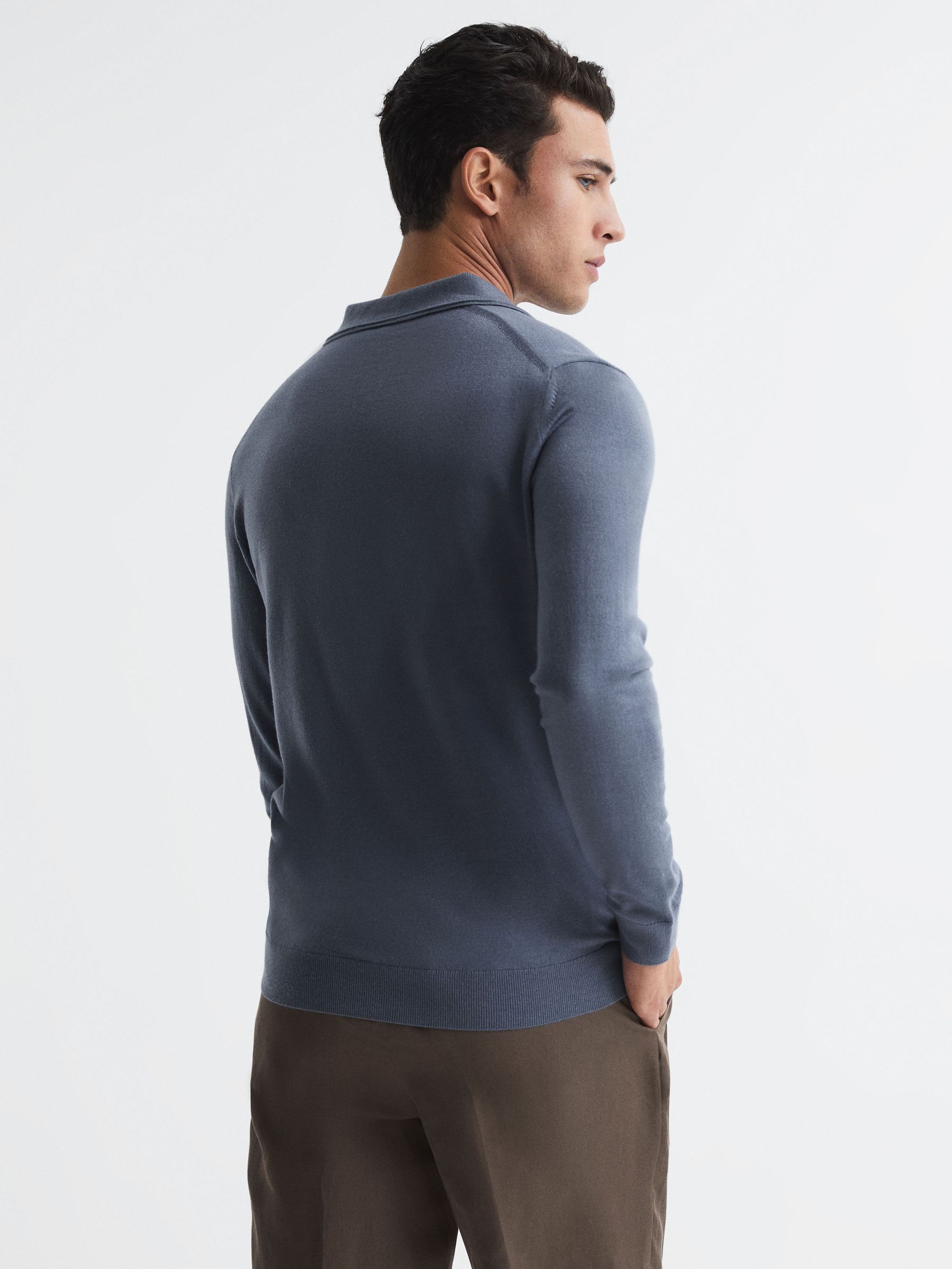 Merino Wool Open Collar Polo Shirt in Nickel Blue - Image 5 of 7
