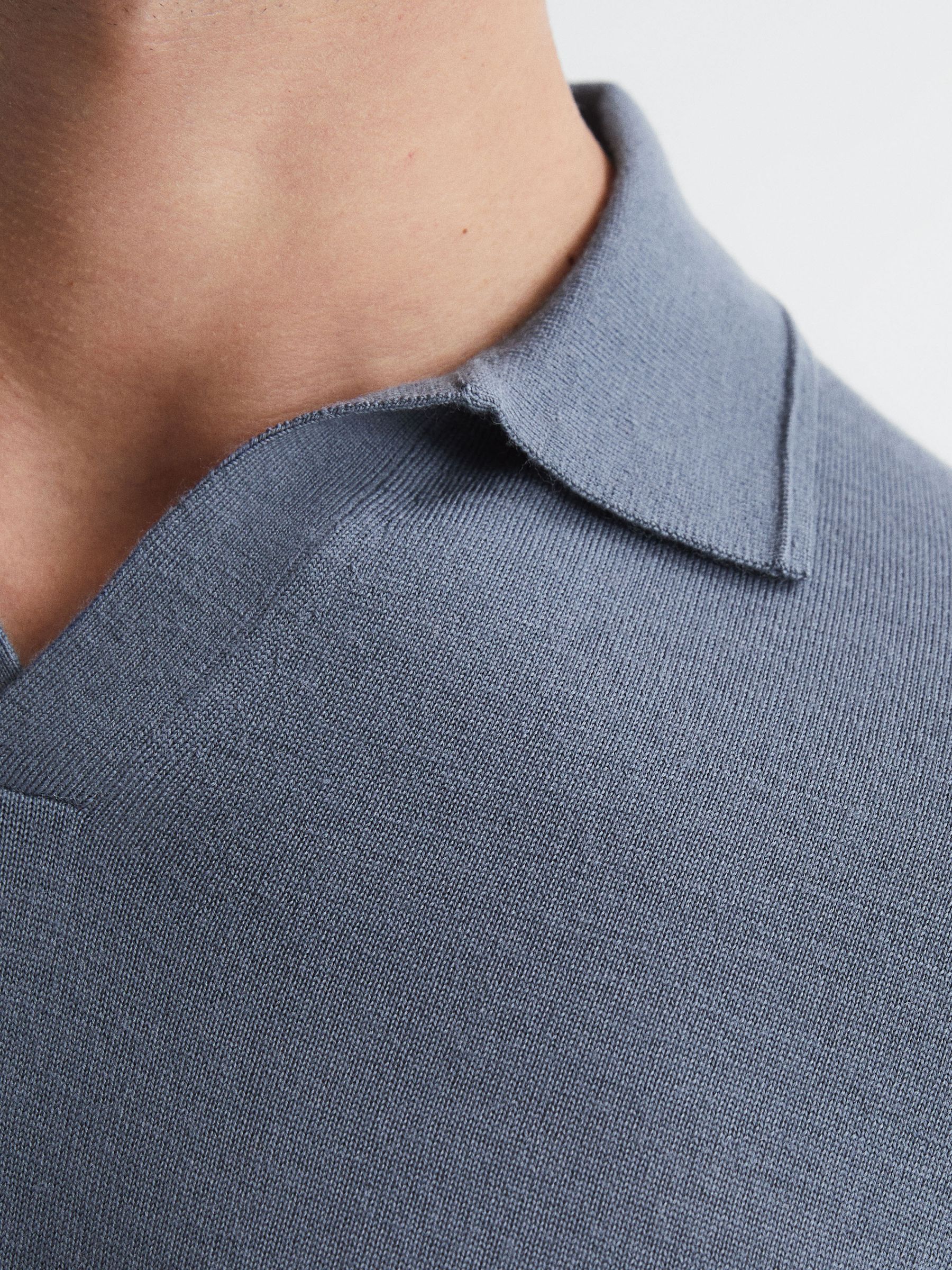 Merino Wool Open Collar Polo Shirt in Nickel Blue - Image 6 of 7
