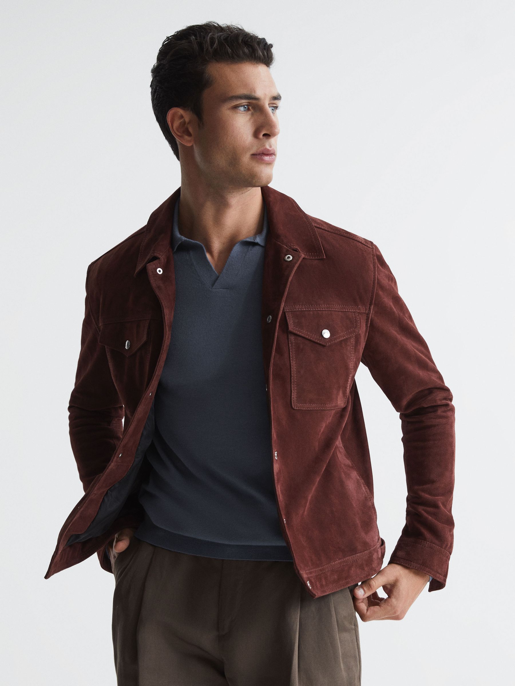 Merino Wool Open Collar Polo Shirt in Nickel Blue - Image 7 of 7