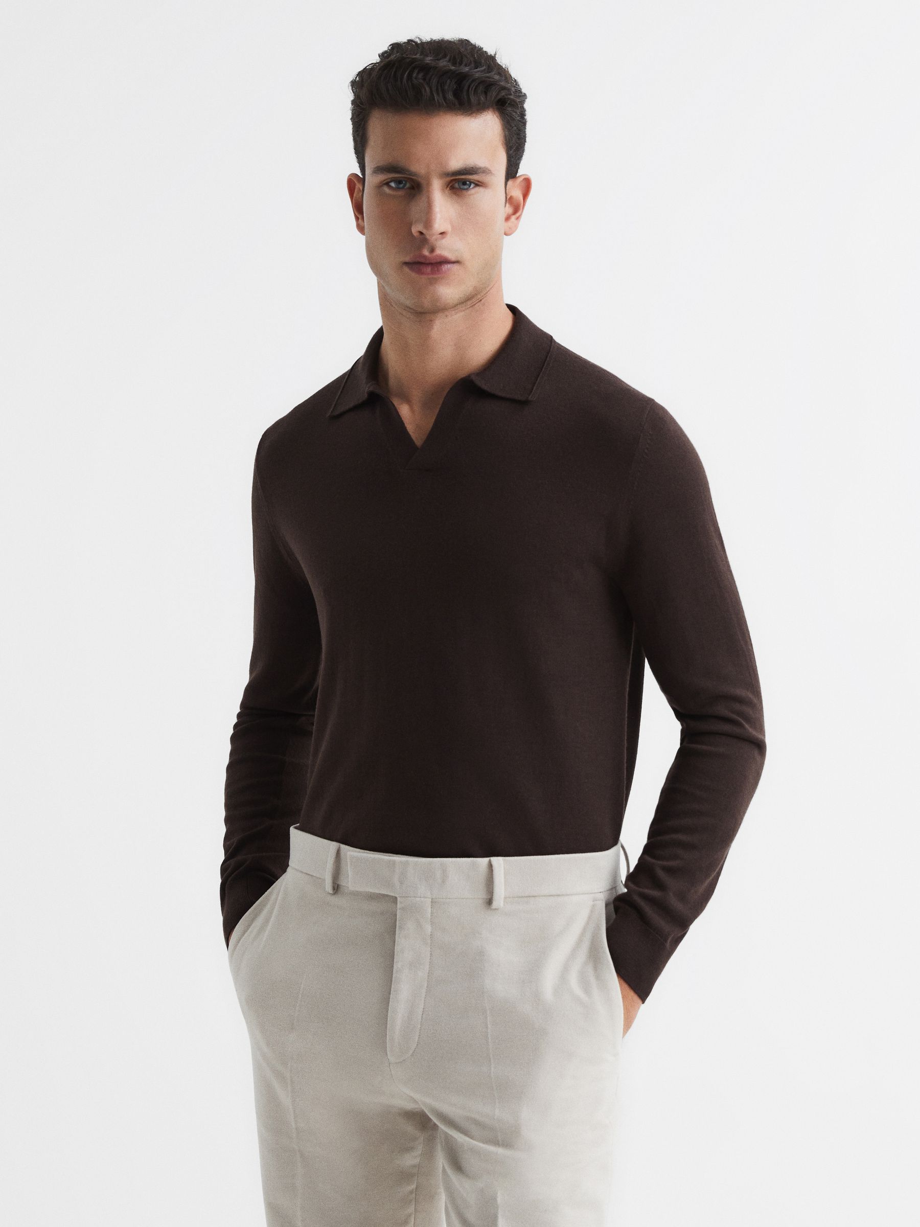 Merino Wool Open Collar Polo Shirt in Bitter Chocolate - Image 1 of 7