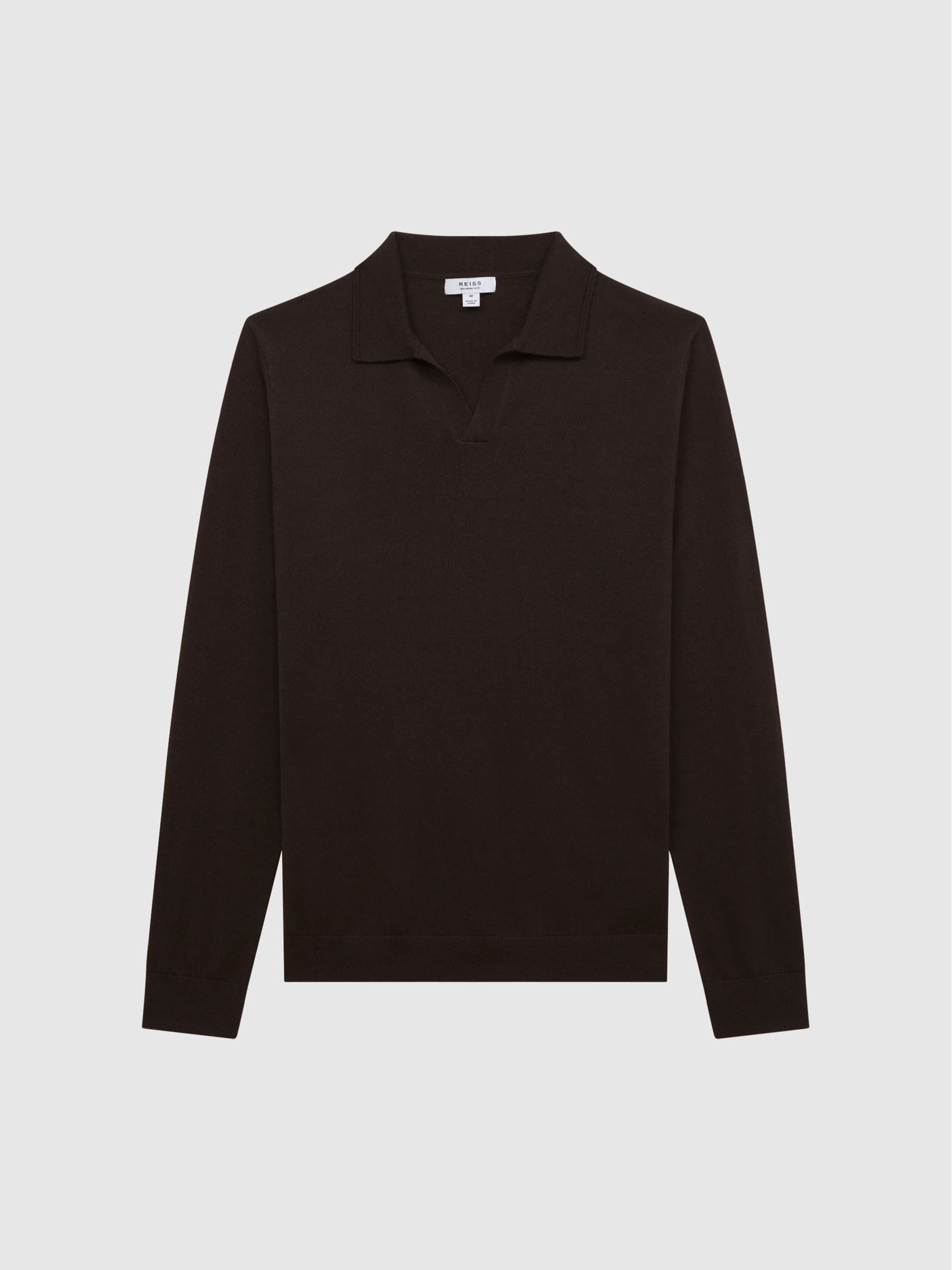 Merino Wool Open Collar Polo Shirt in Bitter Chocolate - Image 2 of 7