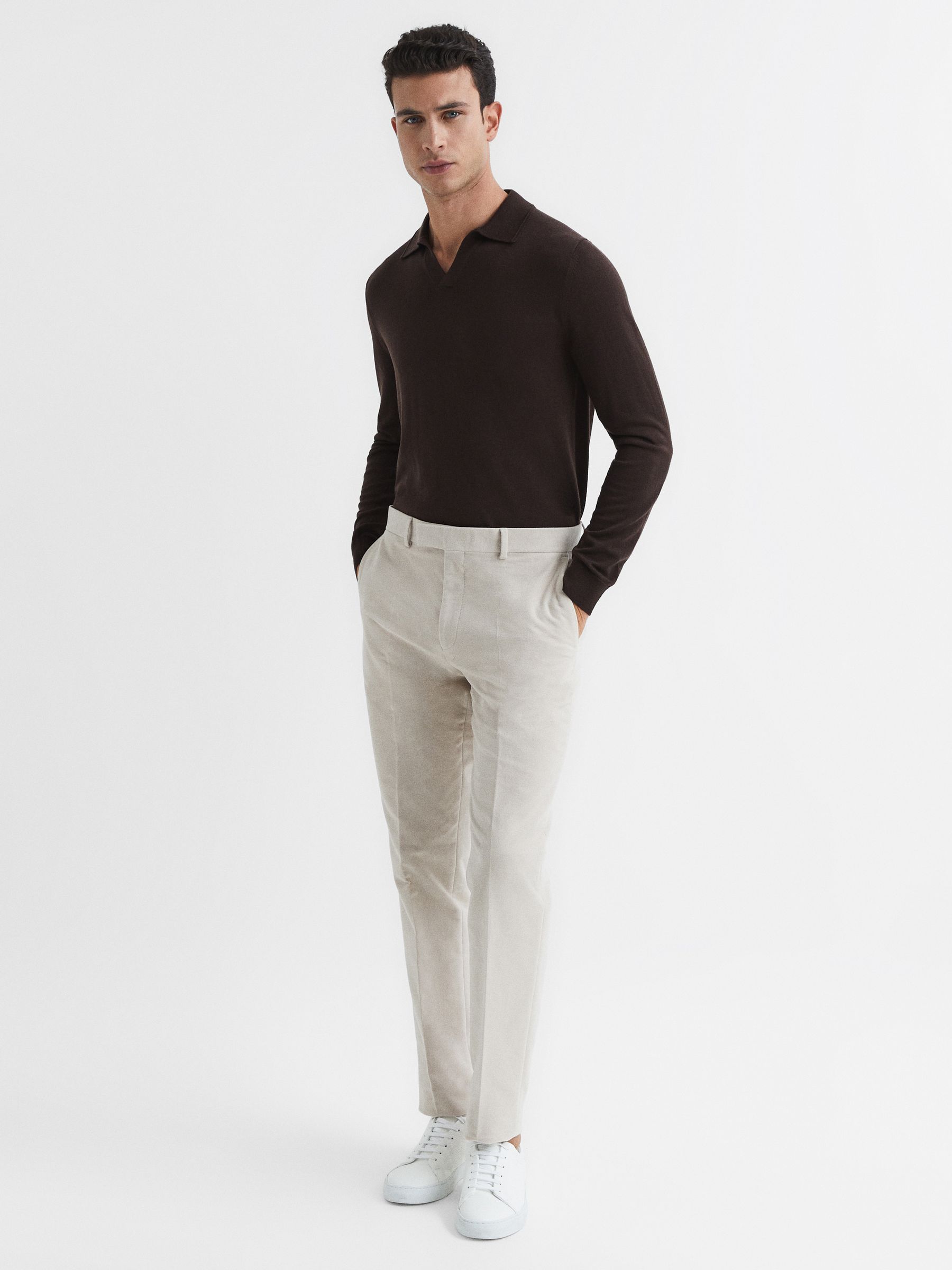 Merino Wool Open Collar Polo Shirt in Bitter Chocolate - Image 3 of 7