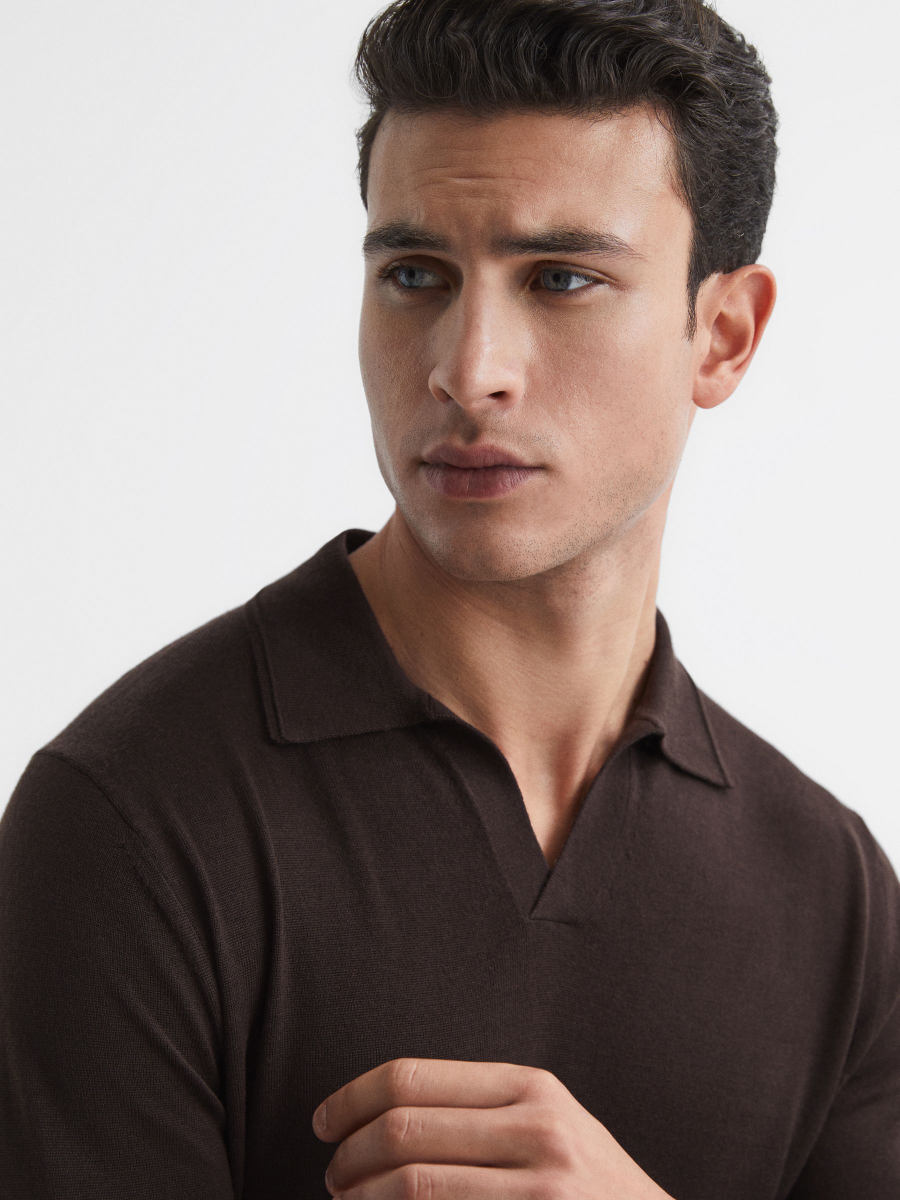 Merino Wool Open Collar Polo Shirt in Bitter Chocolate - Image 4 of 7