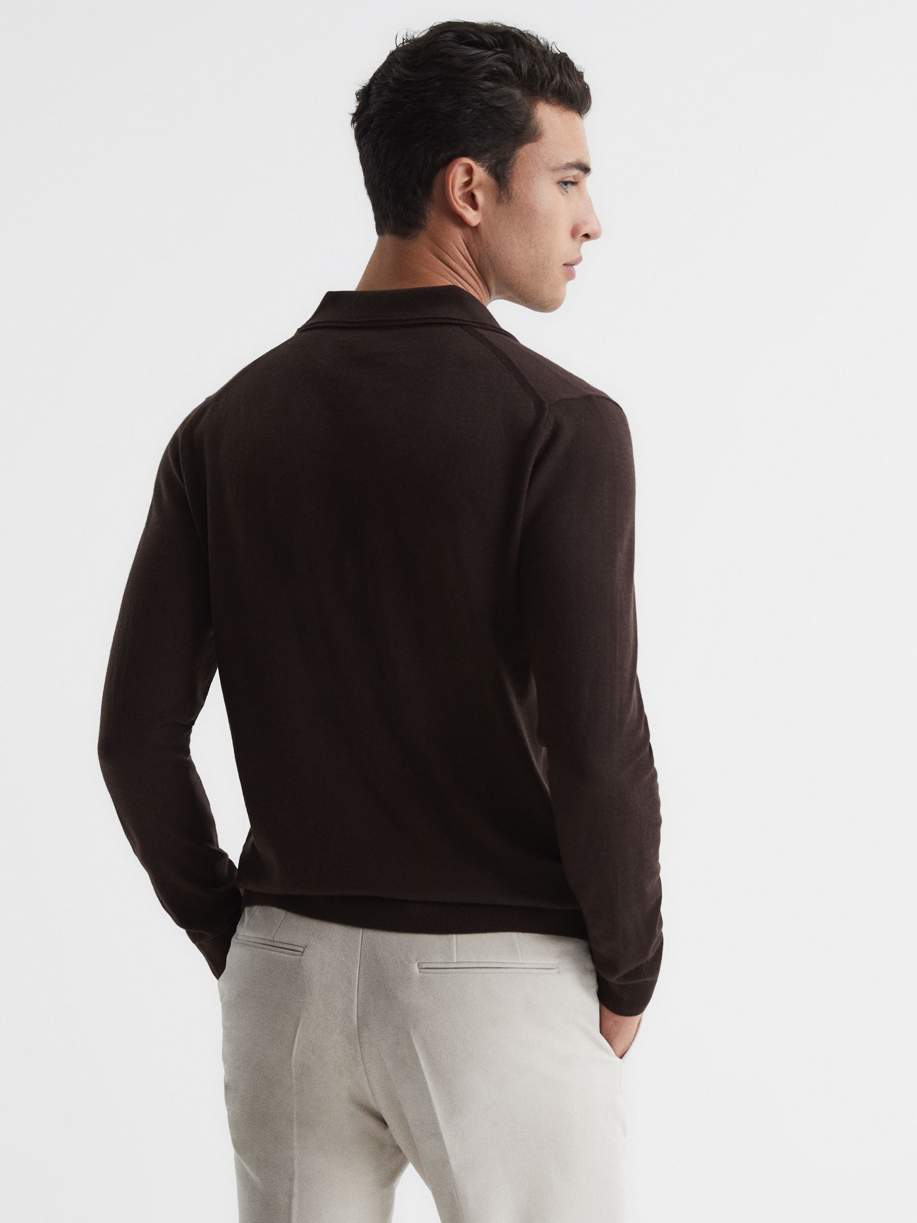 Merino Wool Open Collar Polo Shirt in Bitter Chocolate - Image 5 of 7
