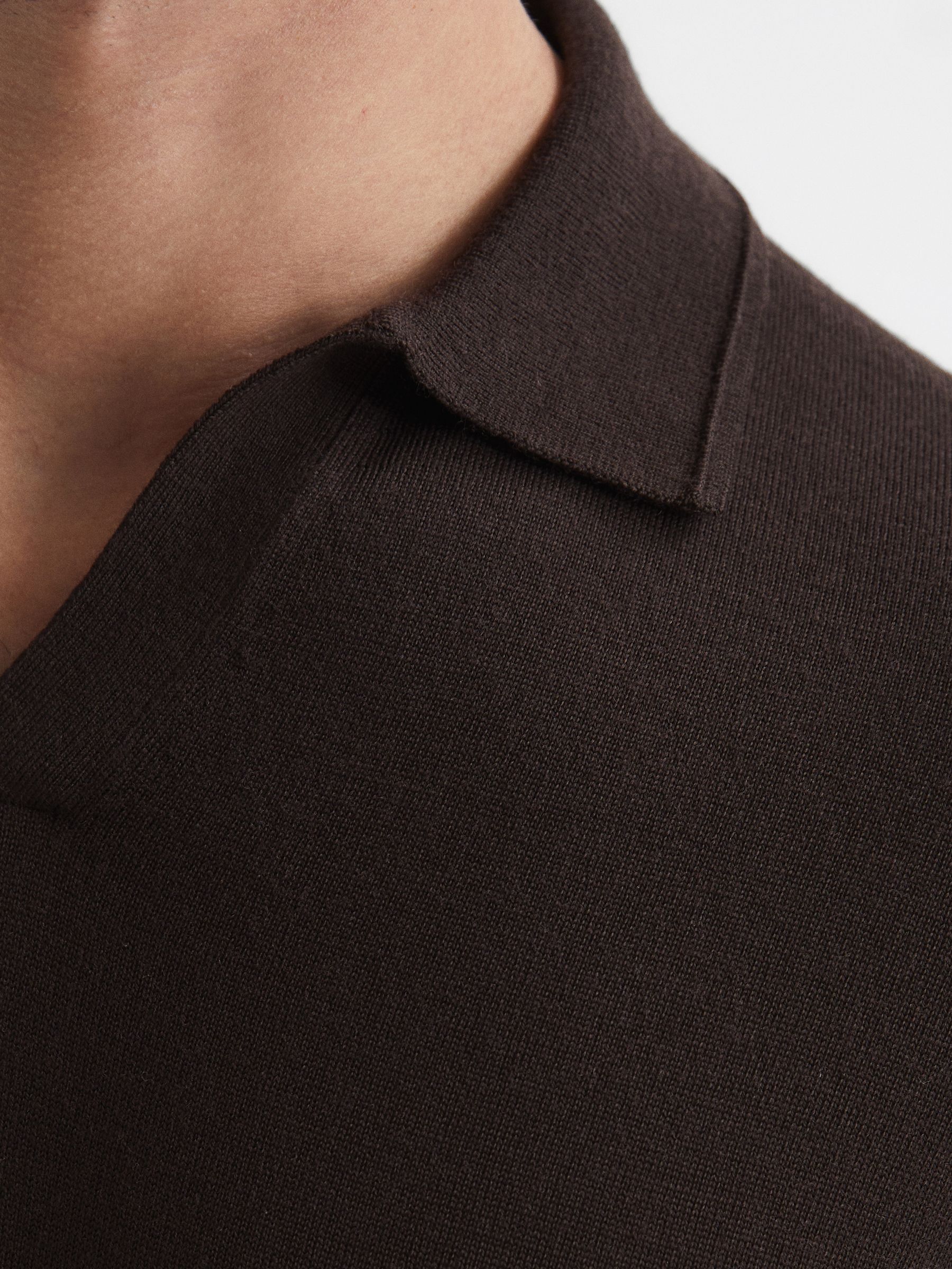 Merino Wool Open Collar Polo Shirt in Bitter Chocolate - Image 6 of 7