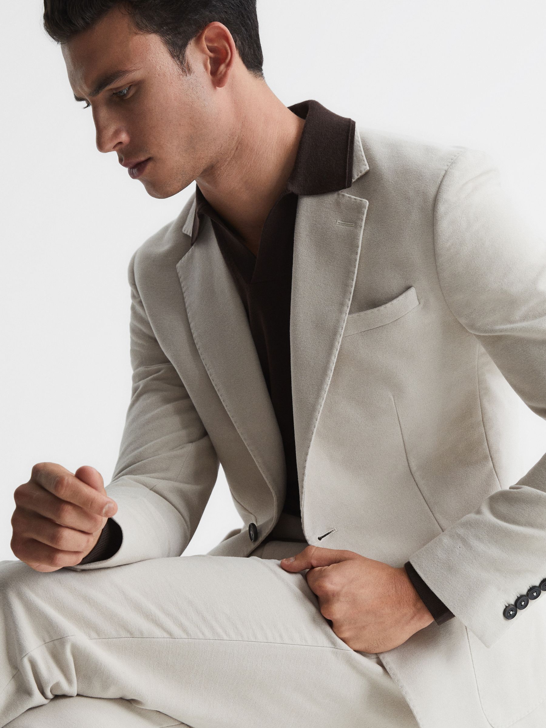 Merino Wool Open Collar Polo Shirt in Bitter Chocolate - Image 7 of 7