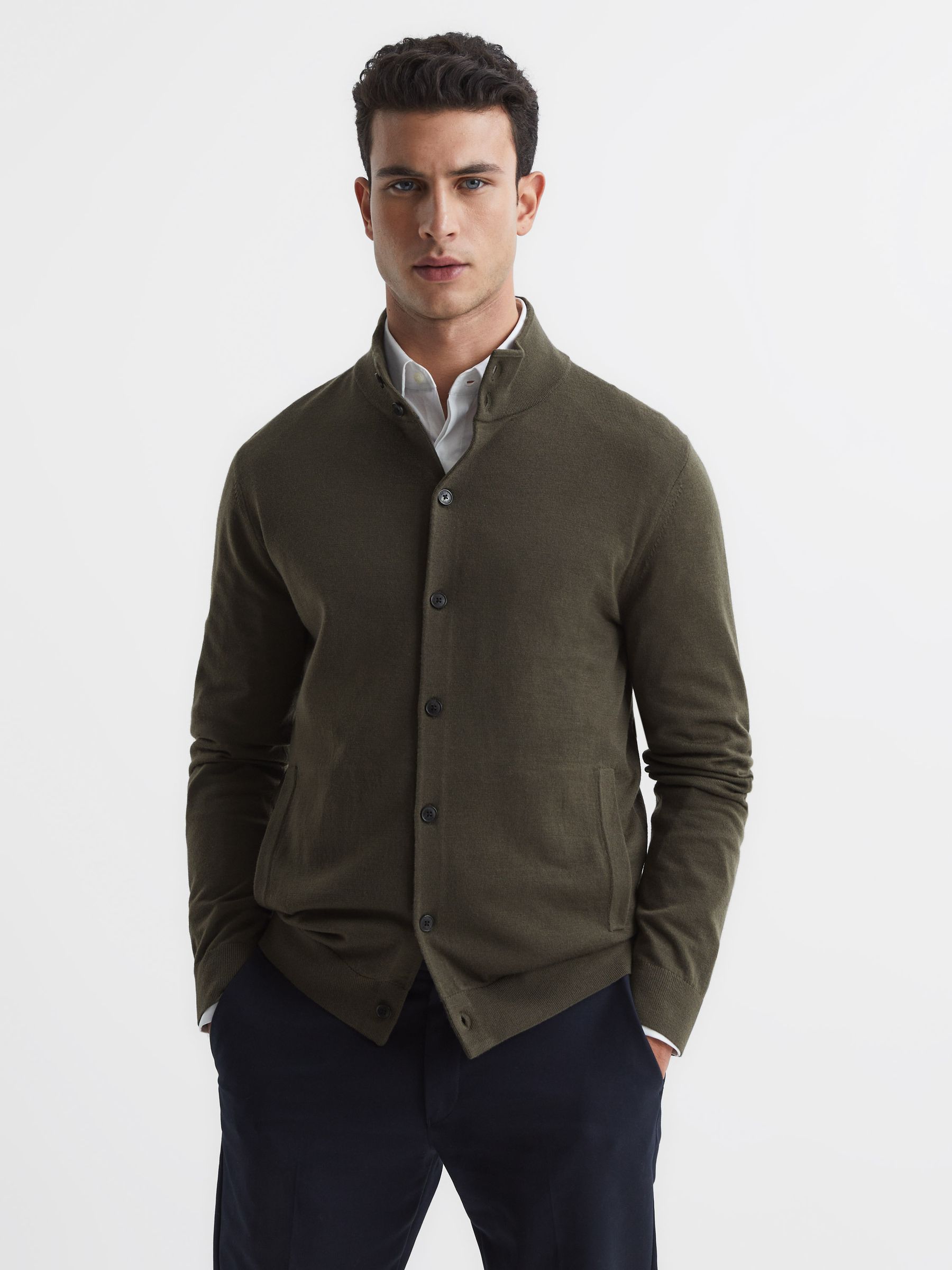 Merino Button Through Jumper in Dark Military Green - Image 1 of 6
