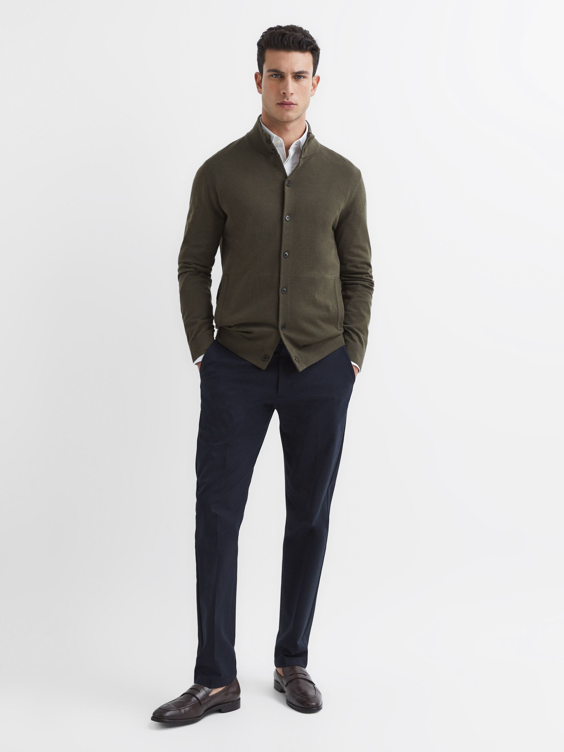 Merino Button Through Jumper in Dark Military Green - Image 3 of 6