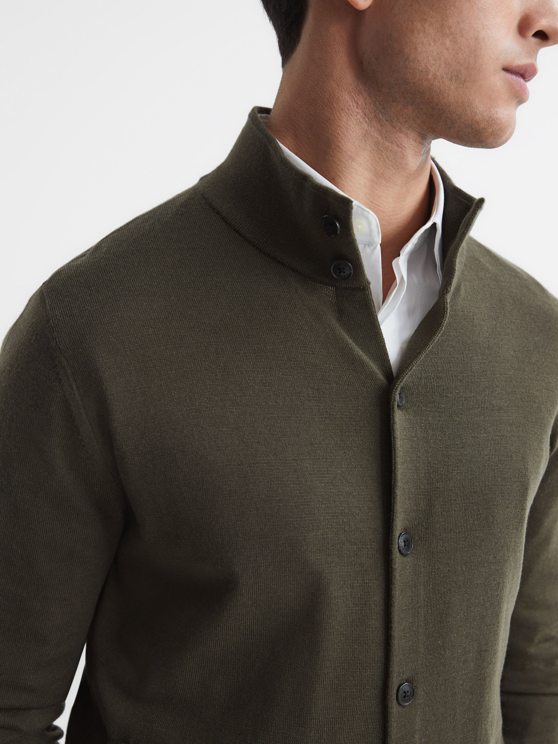 Merino Button Through Jumper in Dark Military Green - Image 4 of 6