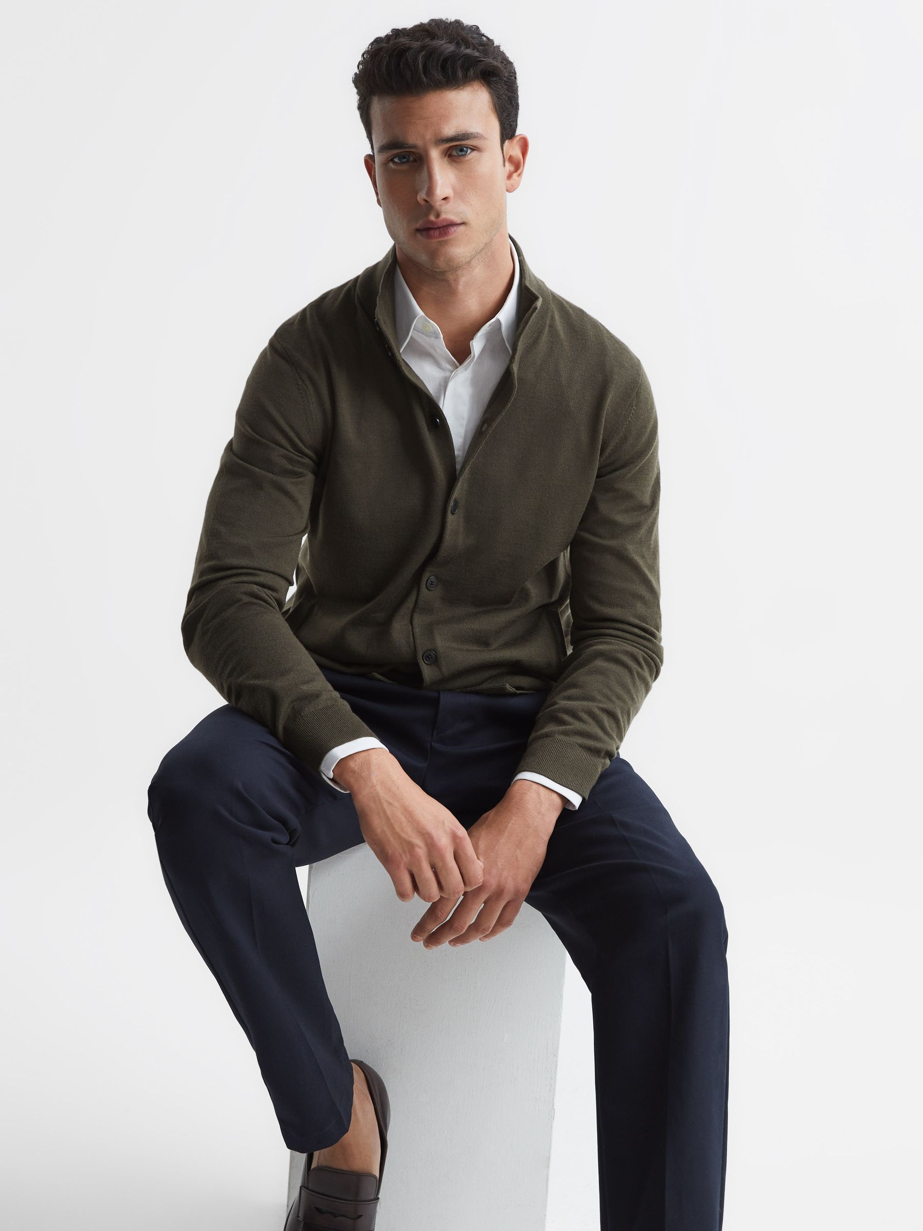Merino Button Through Jumper in Dark Military Green - Image 6 of 6