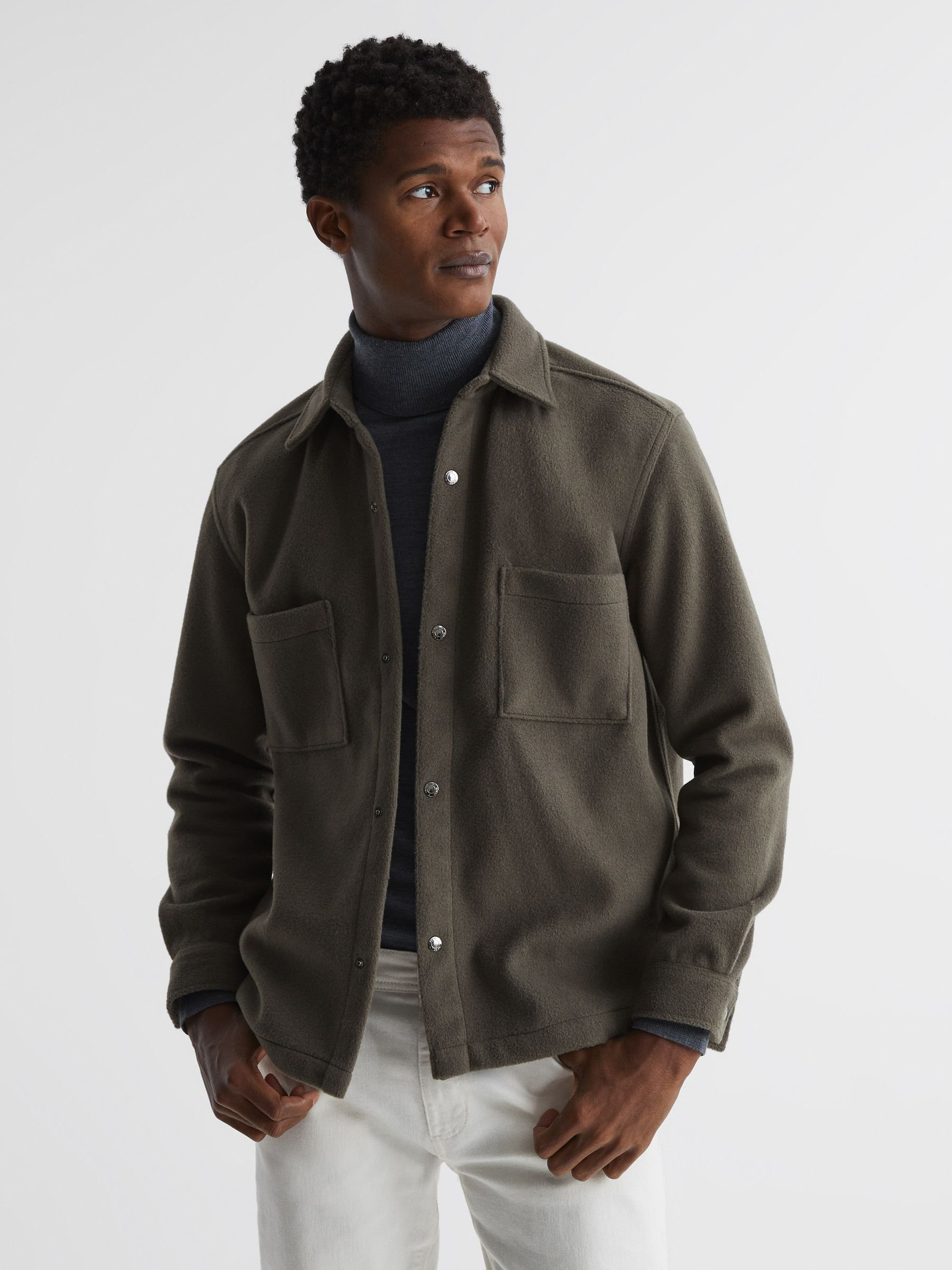 Long Sleeve Press Stud Brushed Overshirt in Khaki - Image 1 of 7 Long Sleeve Press Stud Brushed Overshirt in Khaki - Image 1 of 7