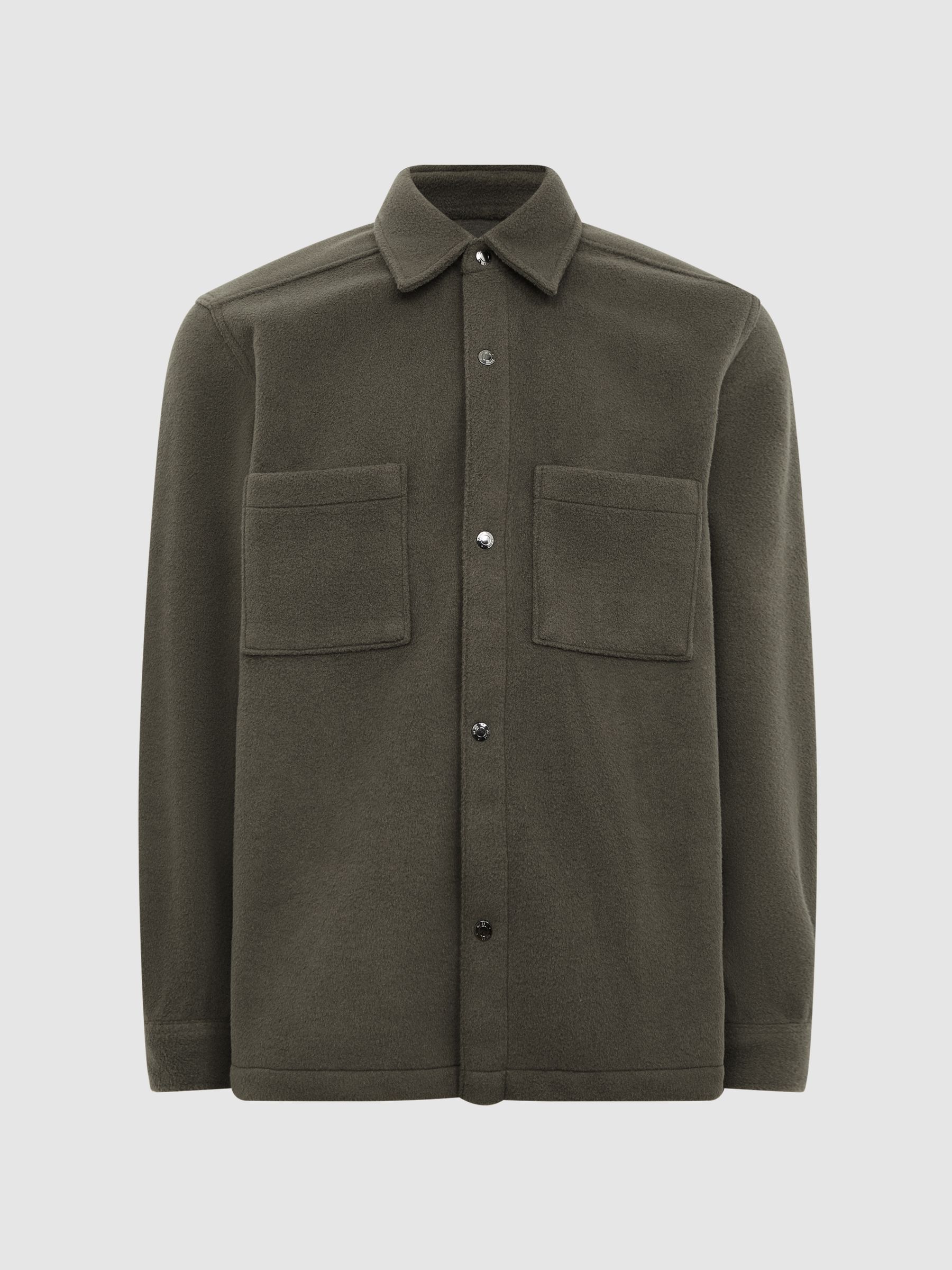 Long Sleeve Press Stud Brushed Overshirt in Khaki - Image 2 of 7