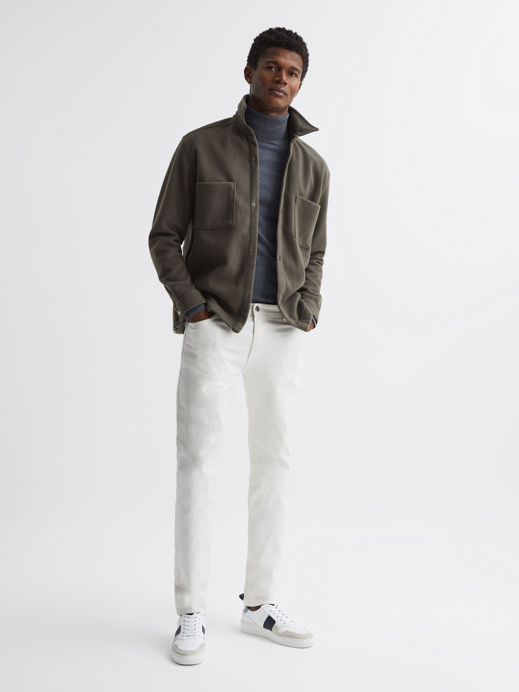 Long Sleeve Press Stud Brushed Overshirt in Khaki - Image 3 of 7