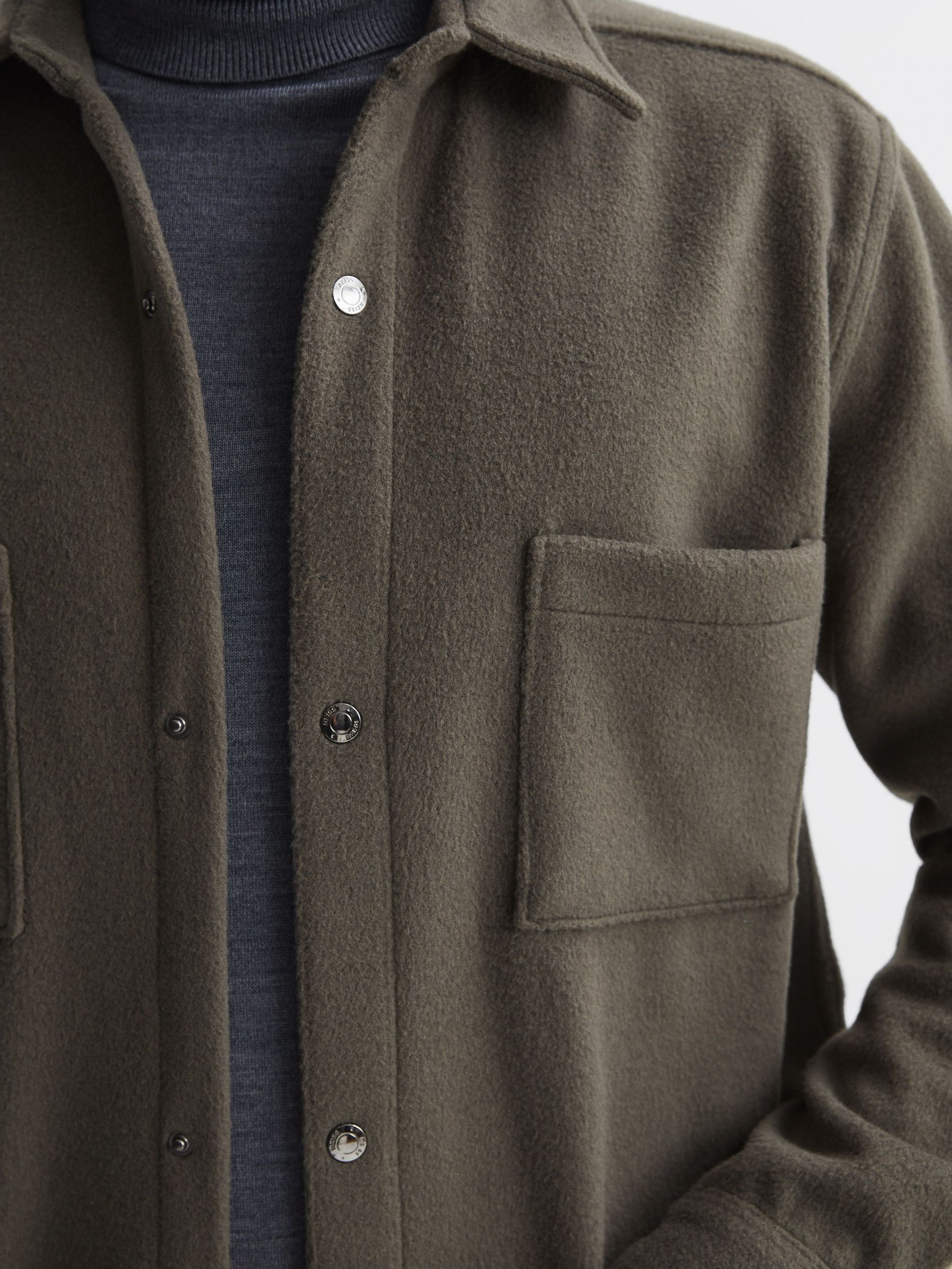 Long Sleeve Press Stud Brushed Overshirt in Khaki - Image 4 of 7