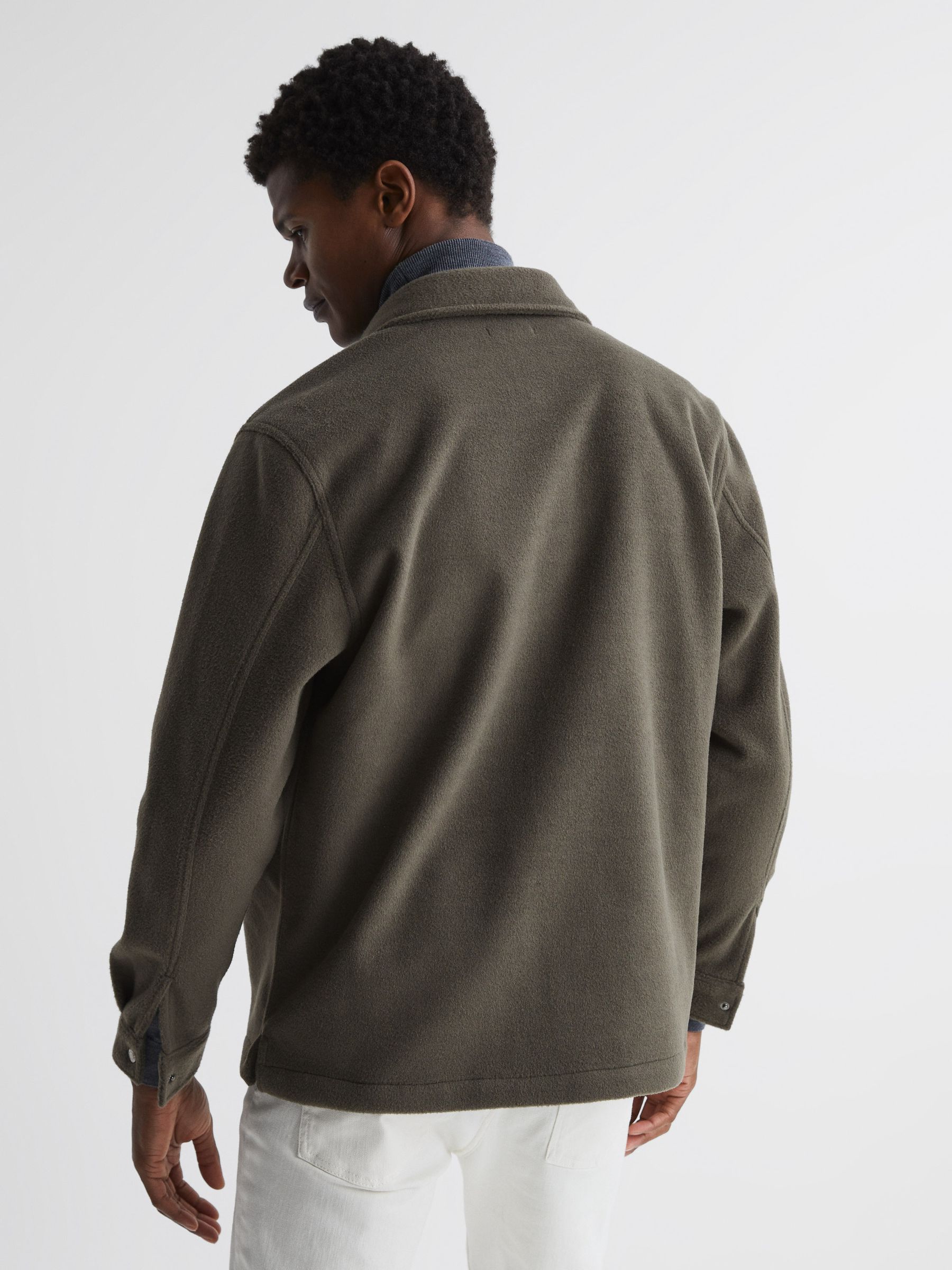 Long Sleeve Press Stud Brushed Overshirt in Khaki - Image 5 of 7