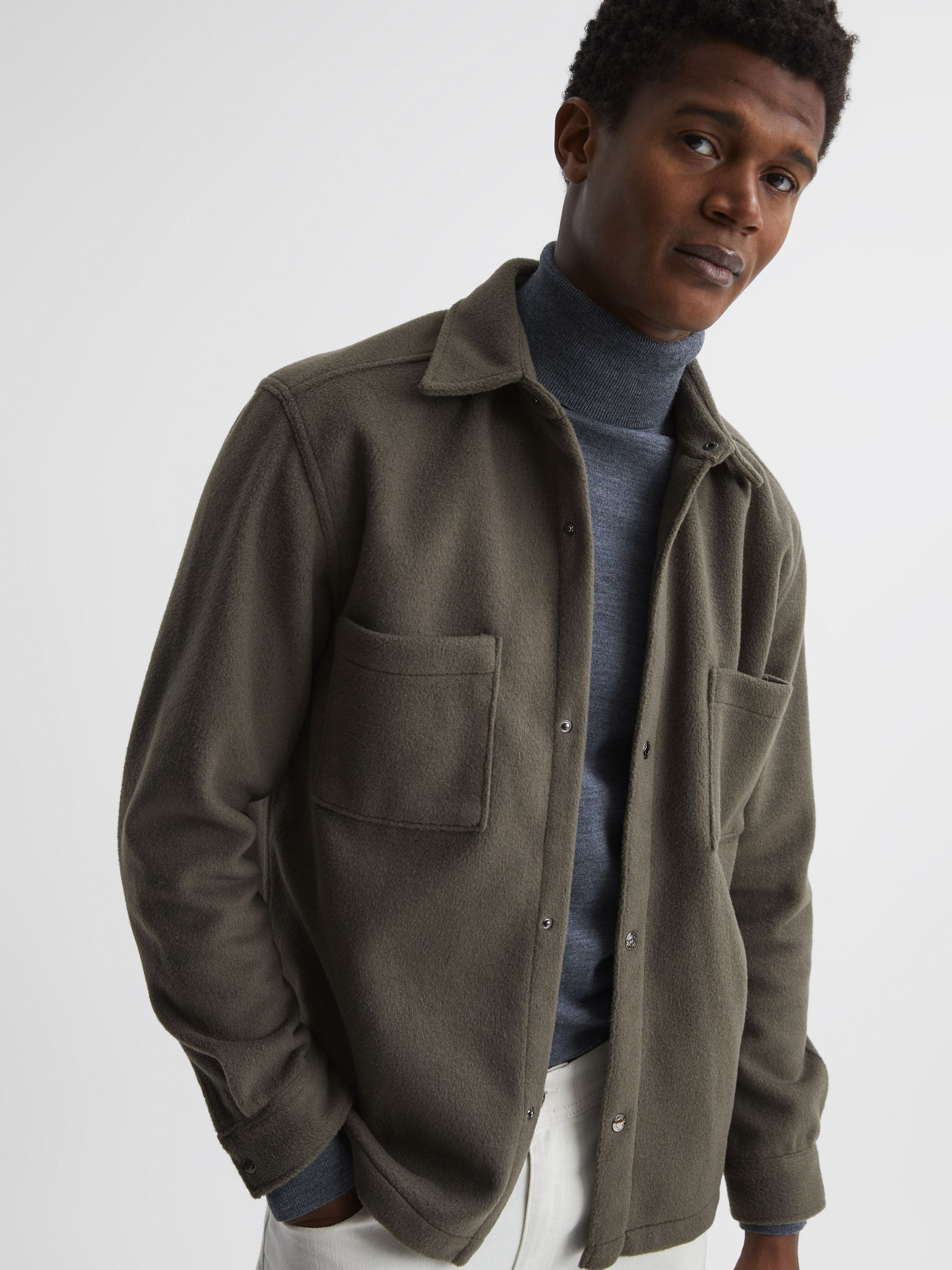 Long Sleeve Press Stud Brushed Overshirt in Khaki - Image 6 of 7