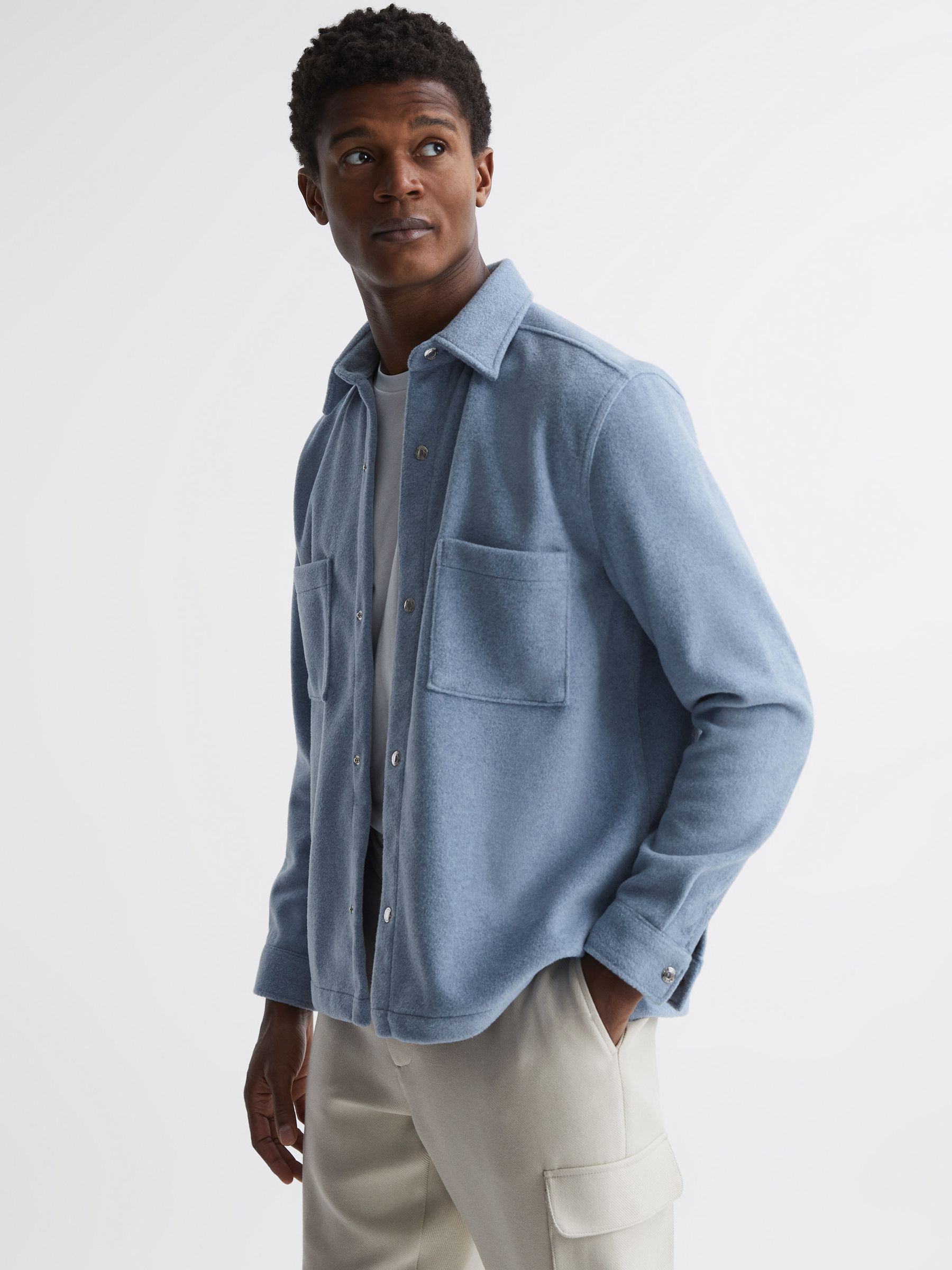 Long Sleeve Press Stud Brushed Overshirt in Blue - Image 1 of 6