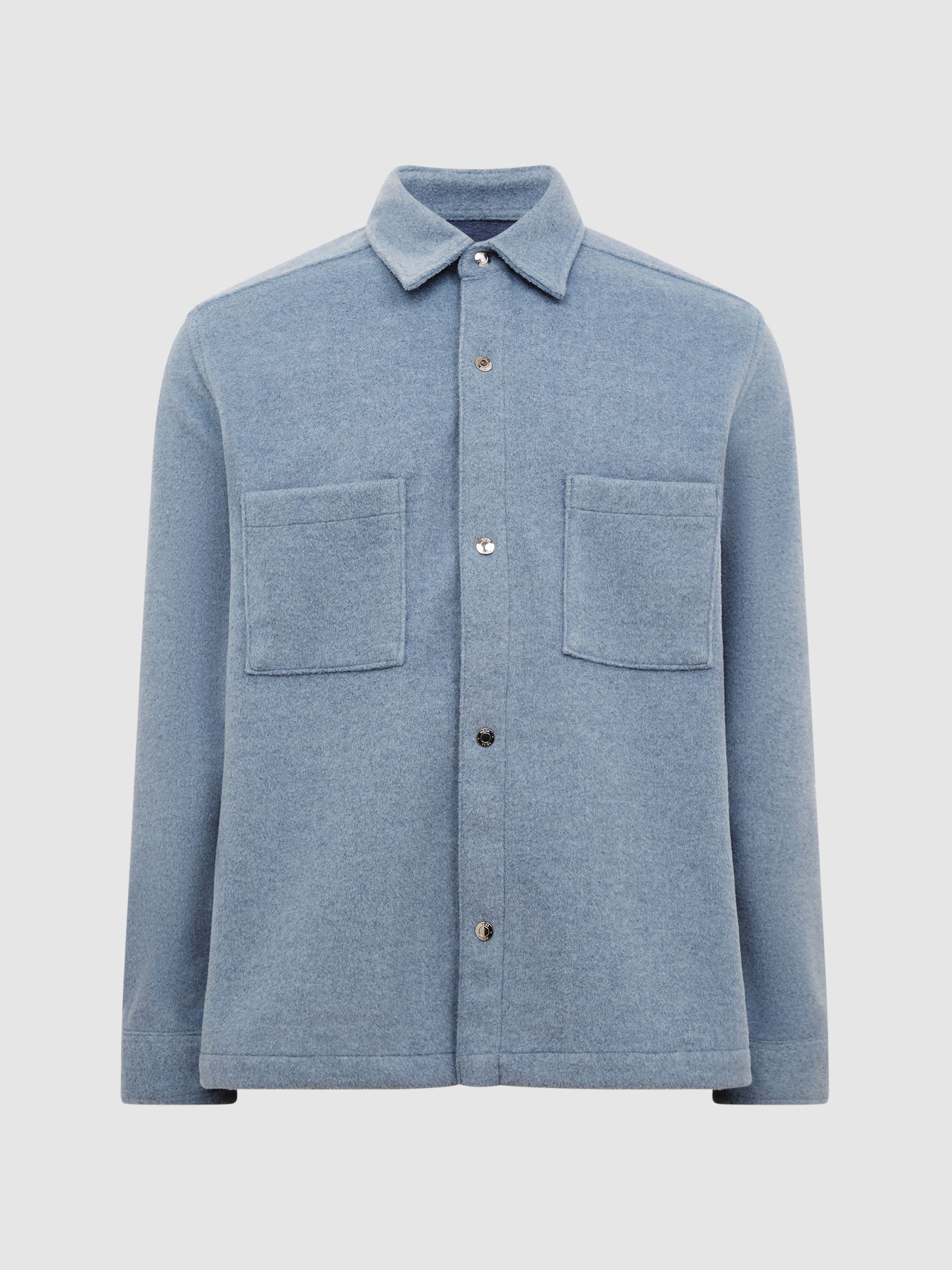 Long Sleeve Press Stud Brushed Overshirt in Blue - Image 2 of 6