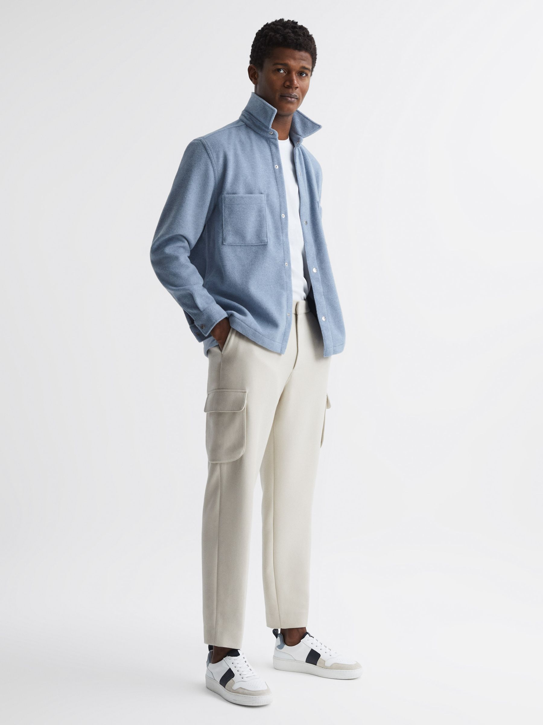 Long Sleeve Press Stud Brushed Overshirt in Blue - Image 3 of 6