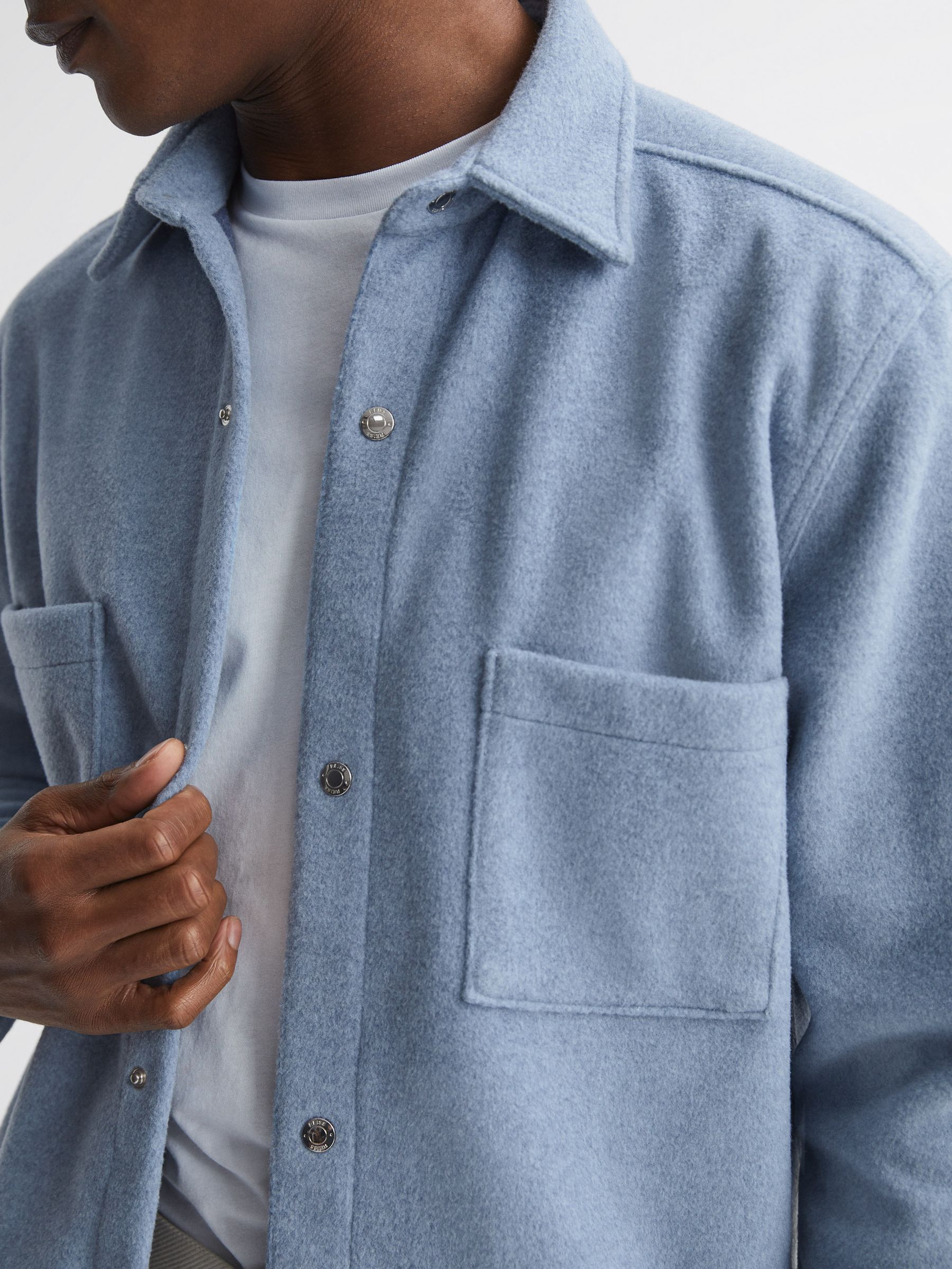 Long Sleeve Press Stud Brushed Overshirt in Blue - Image 4 of 6