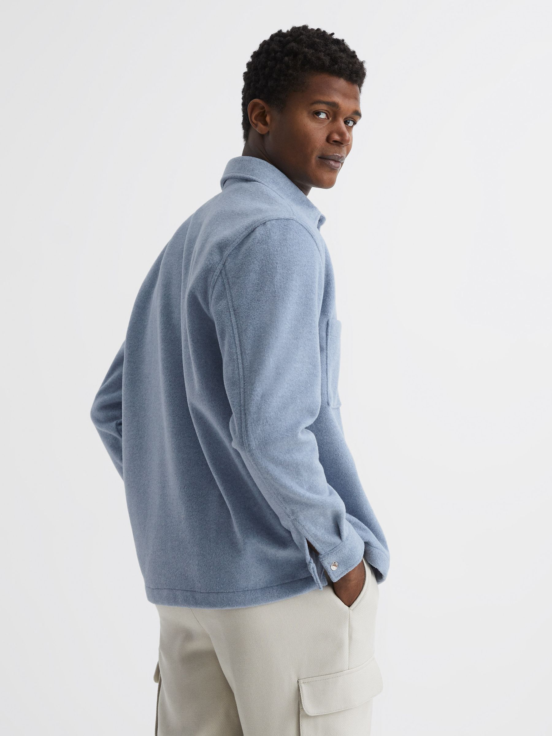 Long Sleeve Press Stud Brushed Overshirt in Blue - Image 5 of 6
