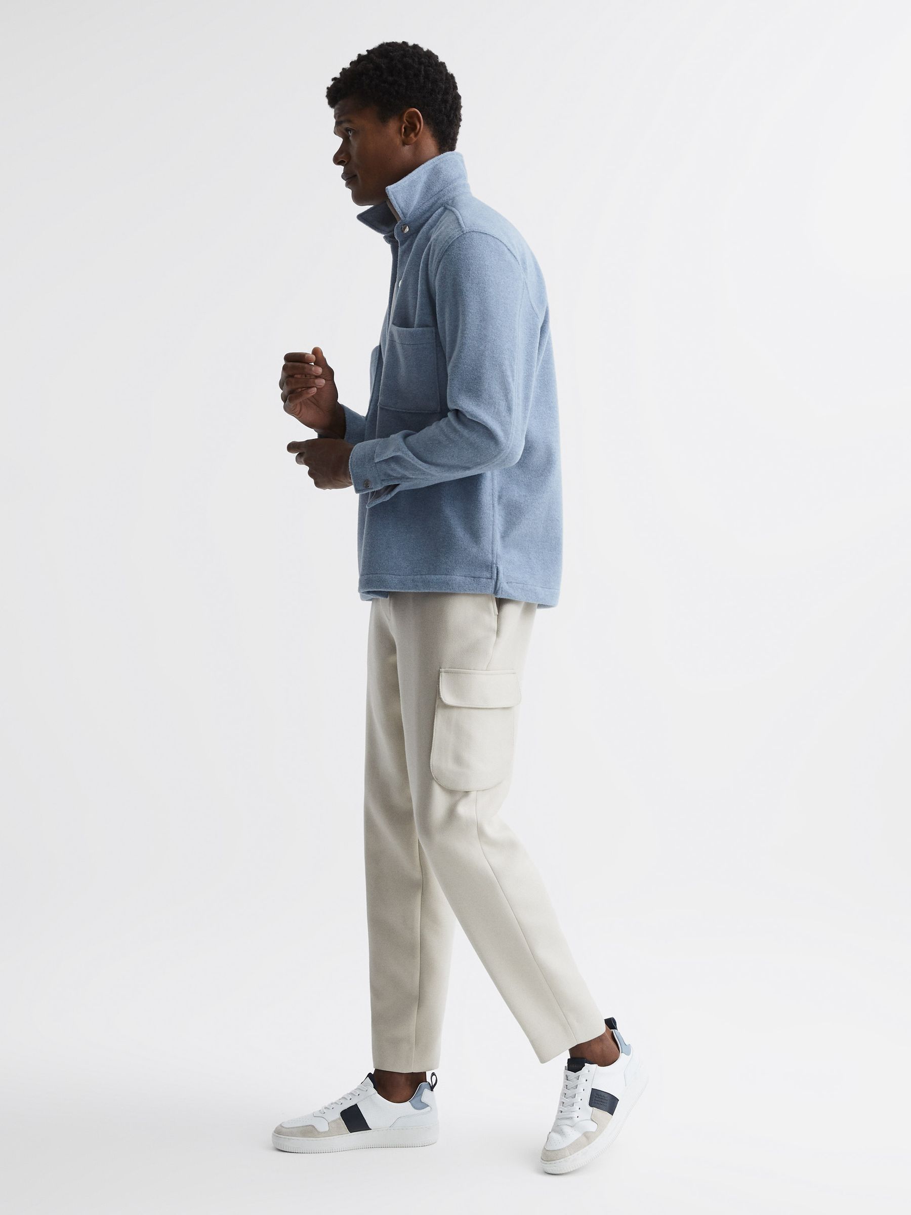 Long Sleeve Press Stud Brushed Overshirt in Blue - Image 6 of 6