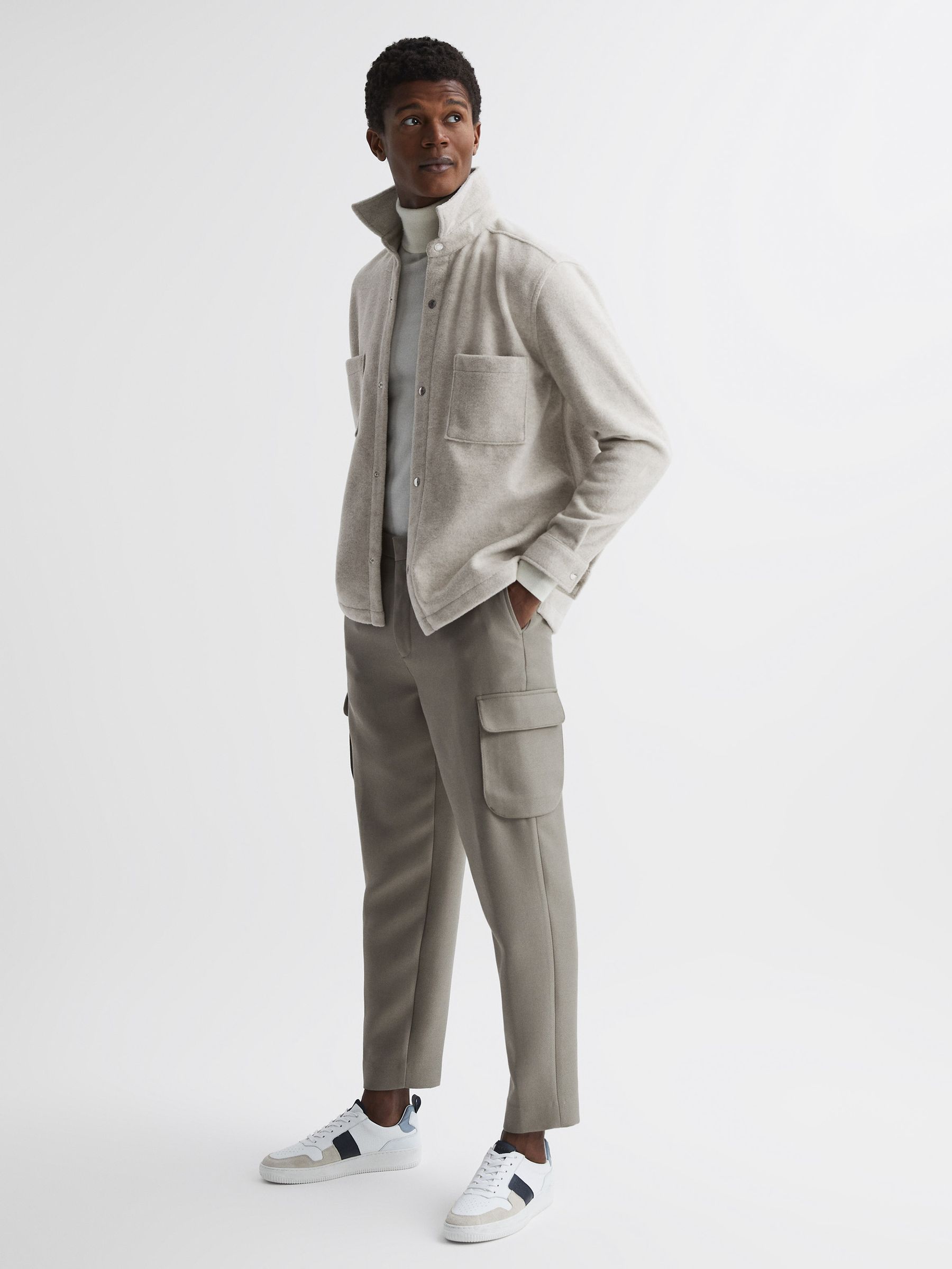 Long Sleeve Press Stud Brushed Overshirt in Oatmeal - Image 1 of 6 Long Sleeve Press Stud Brushed Overshirt in Oatmeal - Image 1 of 6