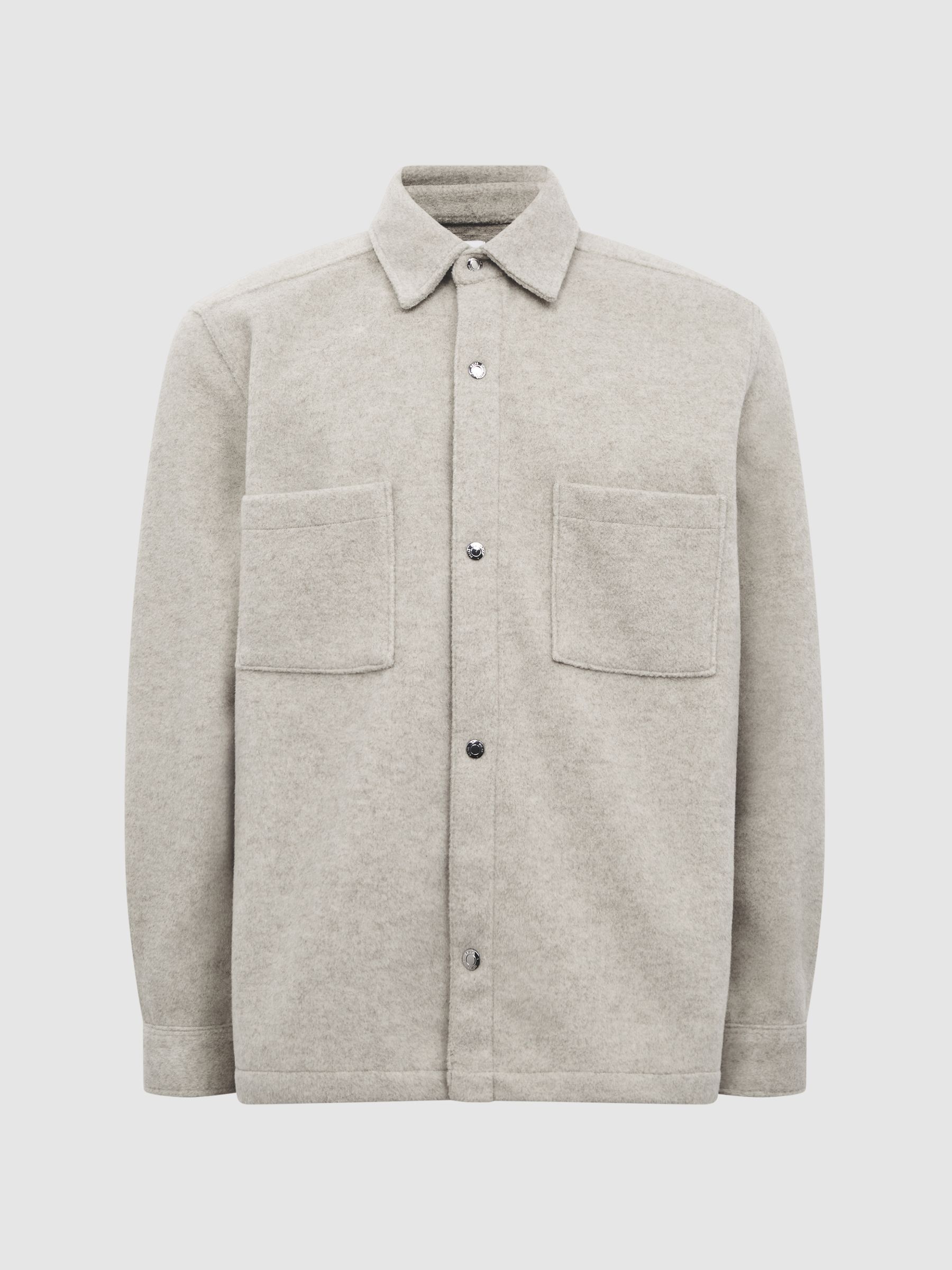 Long Sleeve Press Stud Brushed Overshirt in Oatmeal - Image 2 of 6