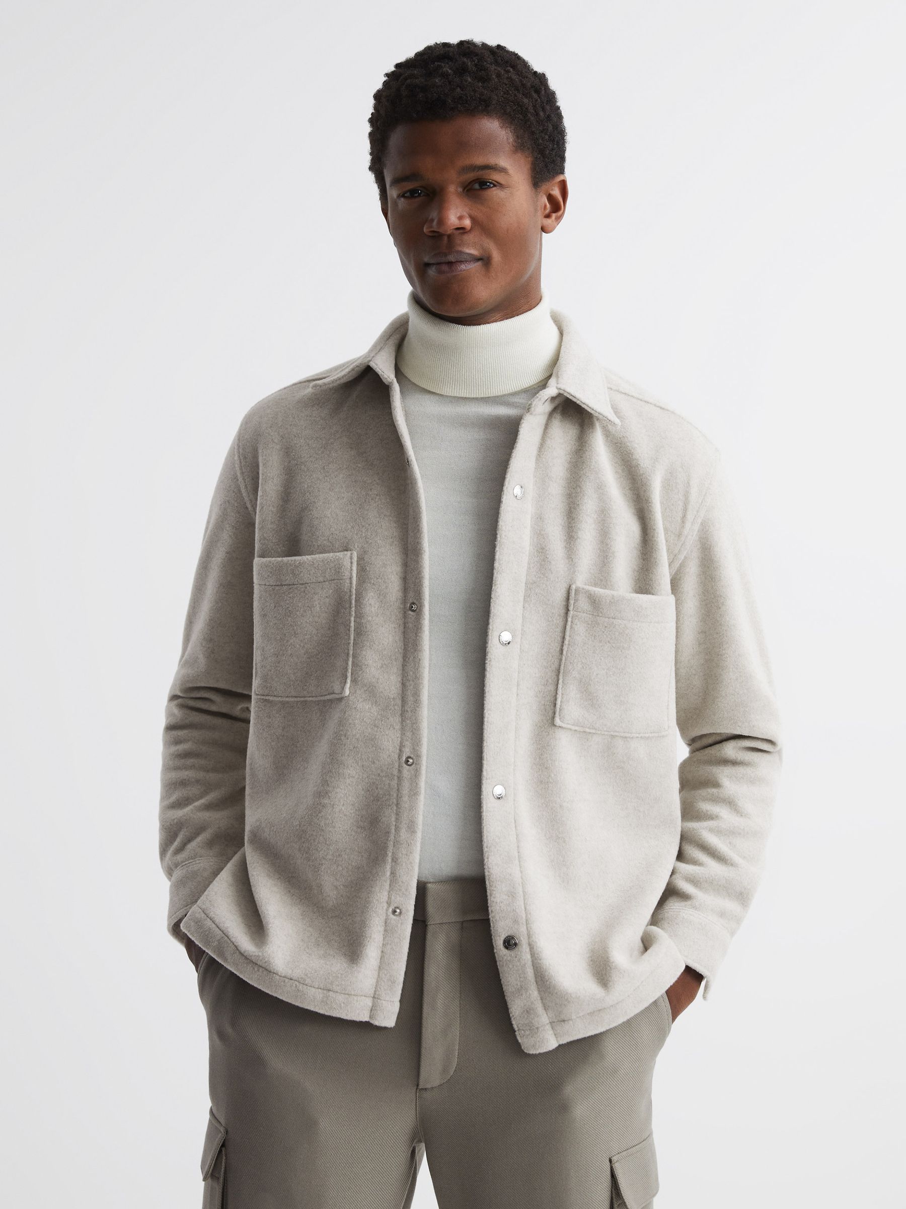 Long Sleeve Press Stud Brushed Overshirt in Oatmeal - Image 3 of 6