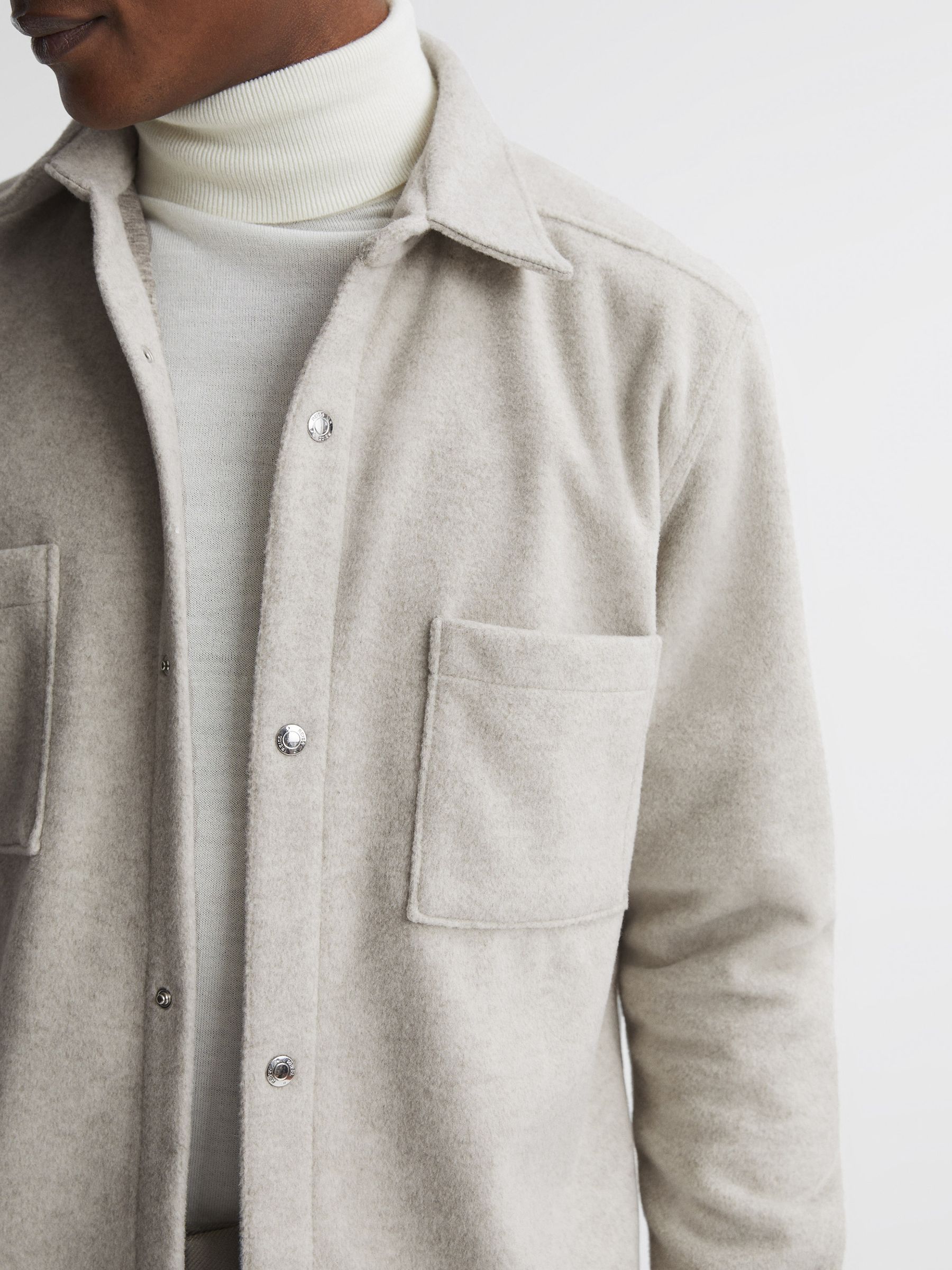 Long Sleeve Press Stud Brushed Overshirt in Oatmeal - Image 4 of 6