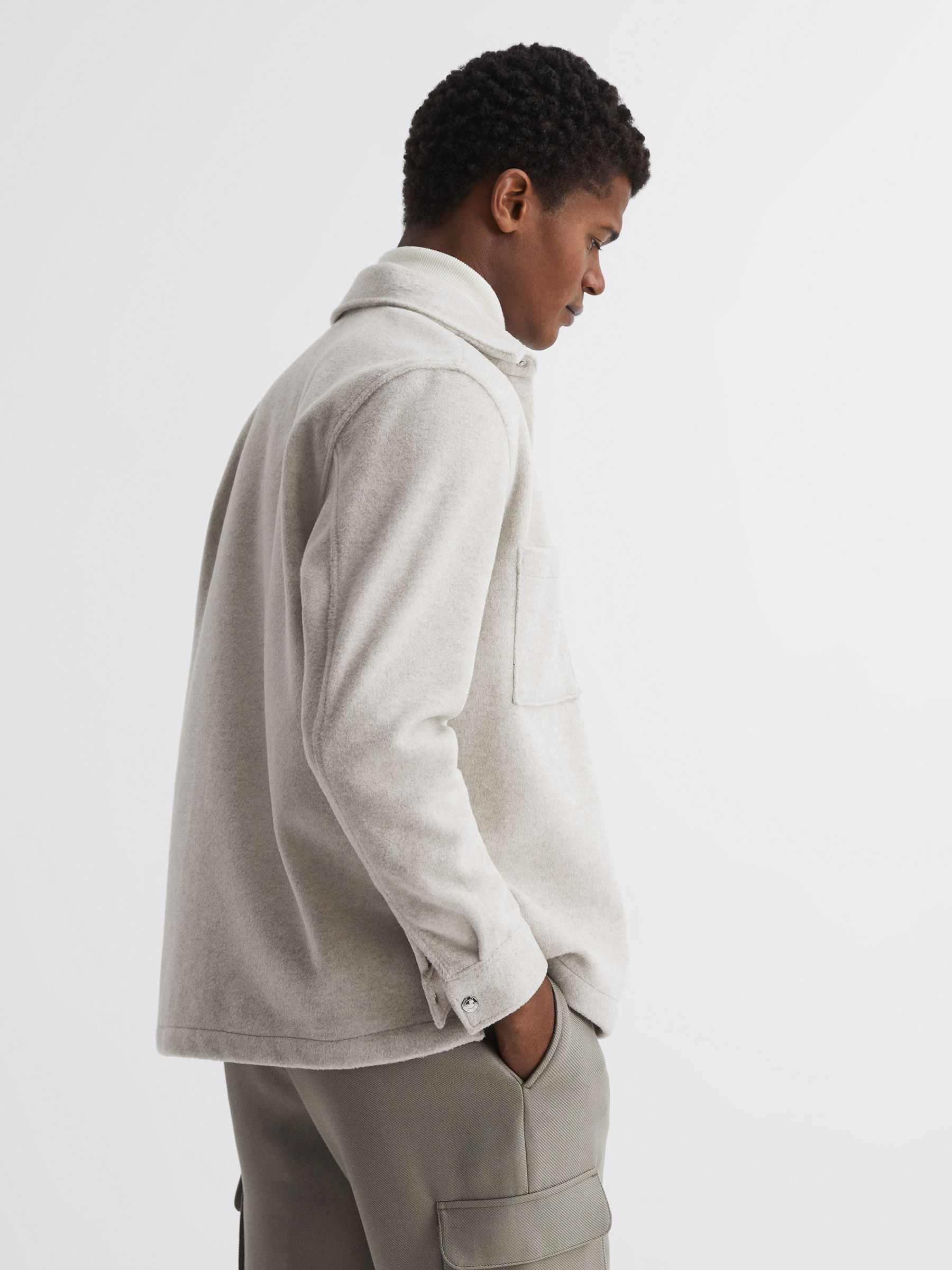 Long Sleeve Press Stud Brushed Overshirt in Oatmeal - Image 5 of 6