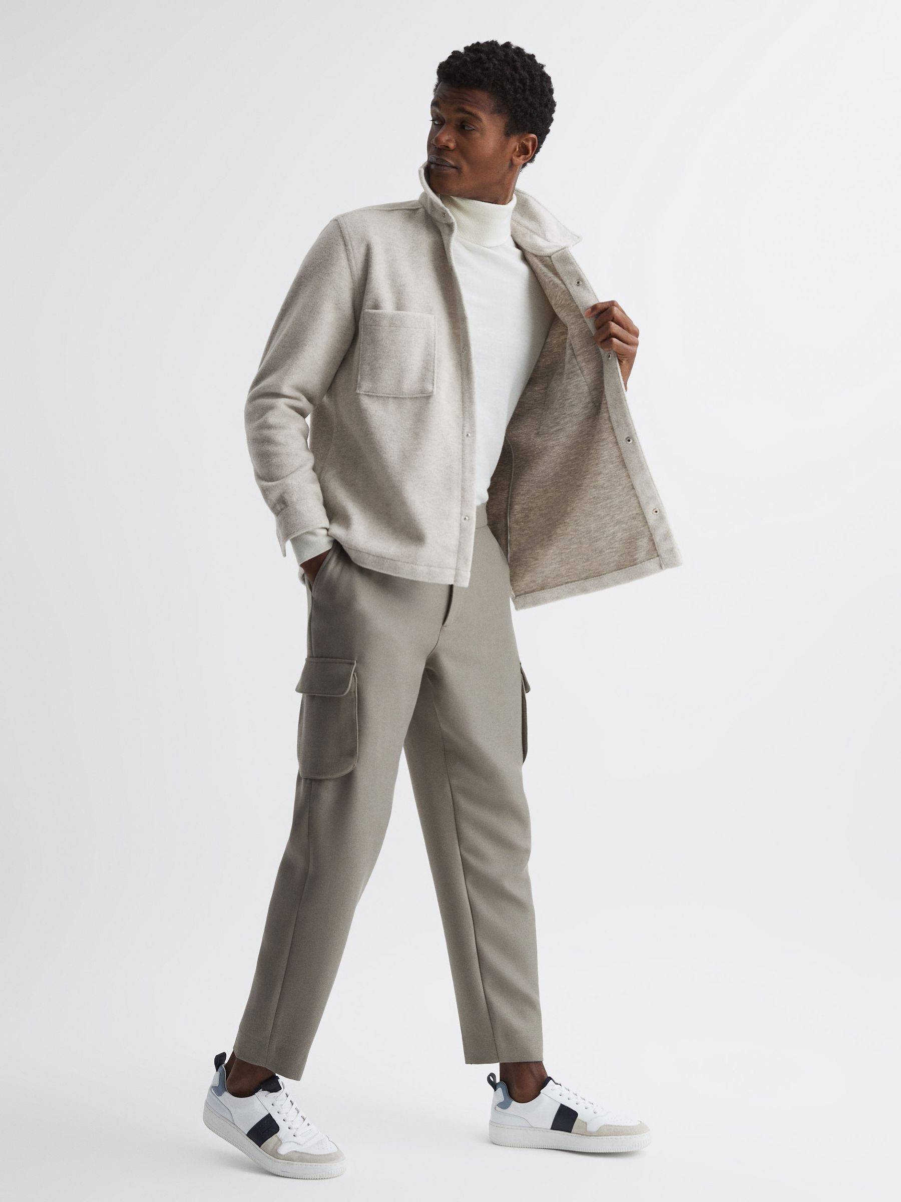 Long Sleeve Press Stud Brushed Overshirt in Oatmeal - Image 6 of 6