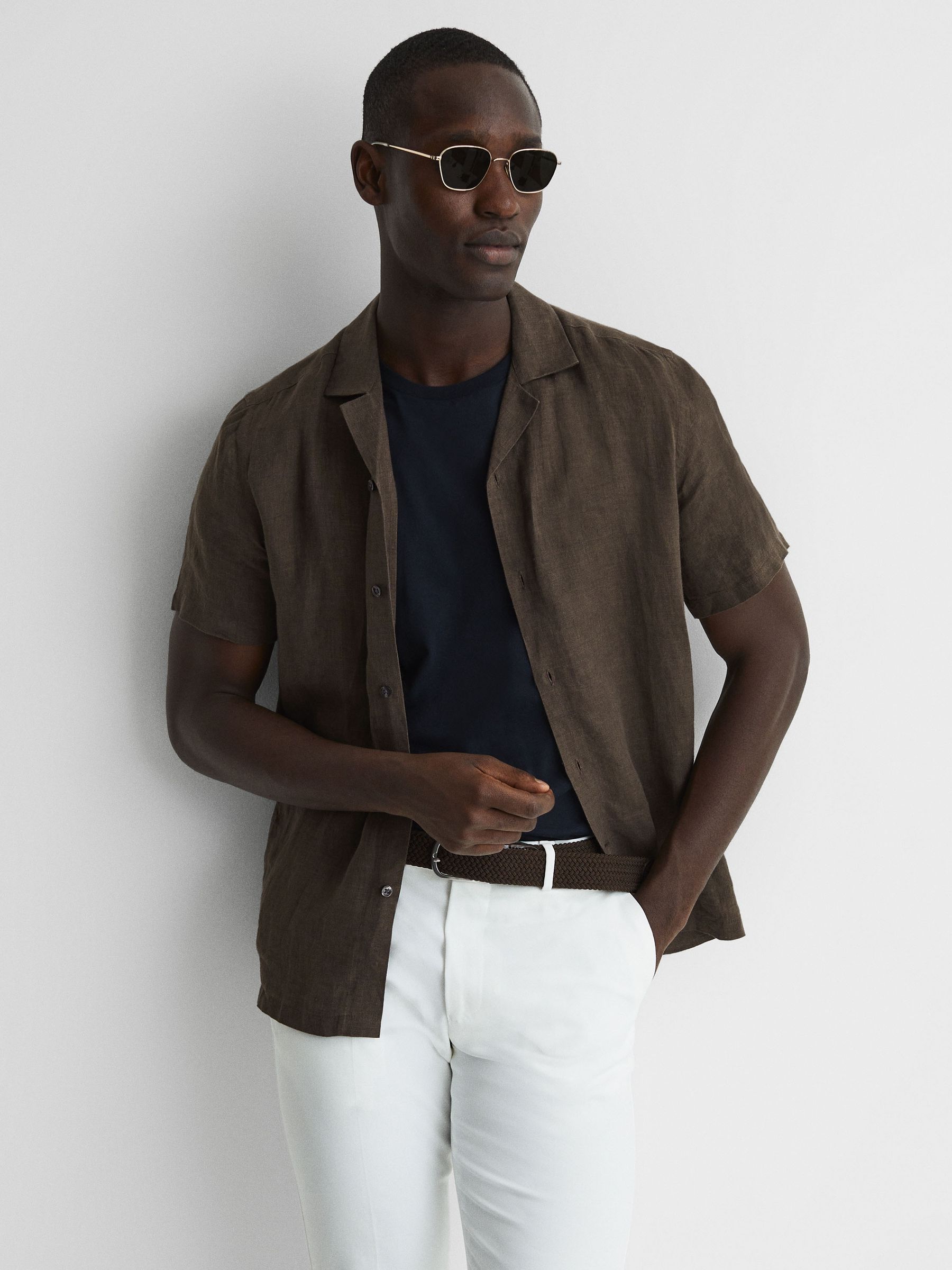 Linen Cuban Collar Shirt in Bitter Chocolate - Image 1 of 6
