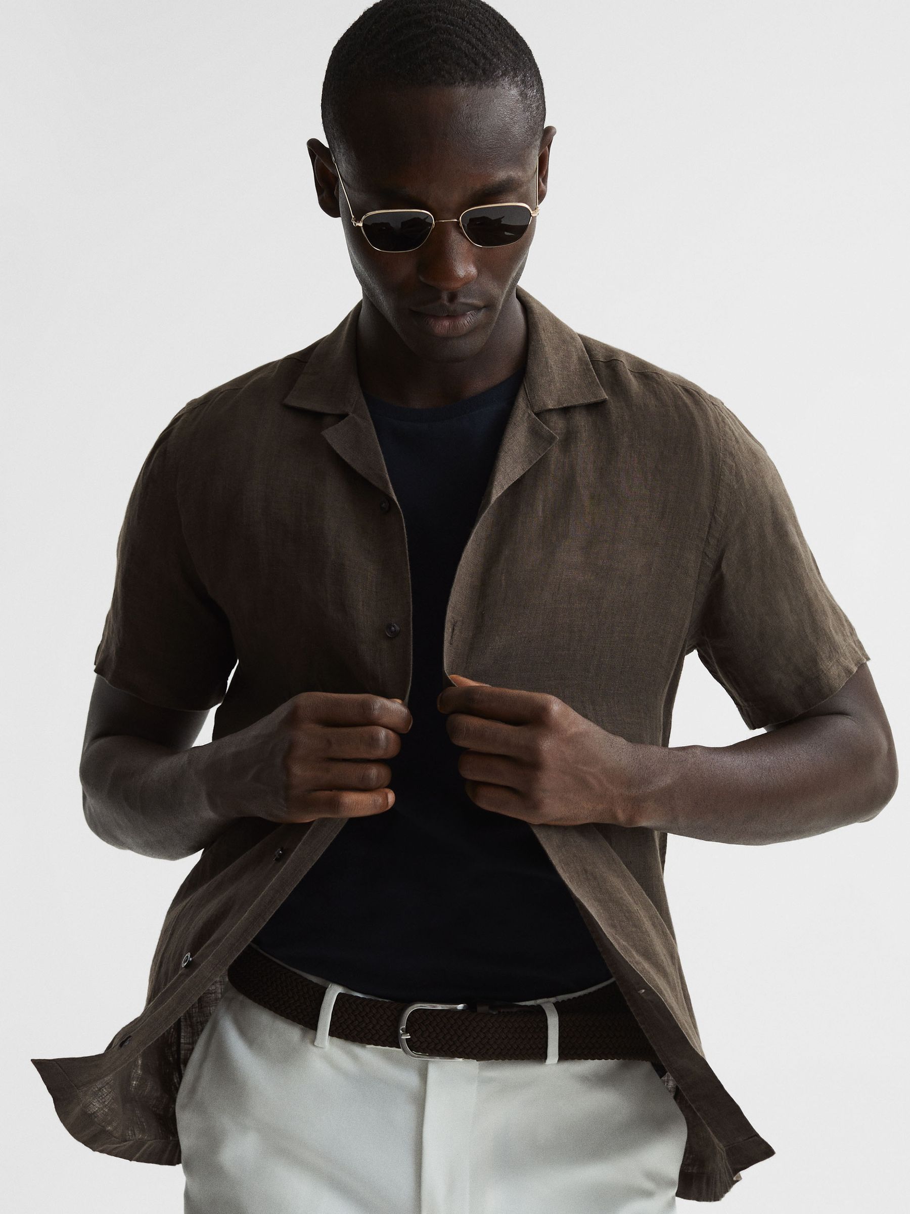 Linen Cuban Collar Shirt in Bitter Chocolate - Image 4 of 6