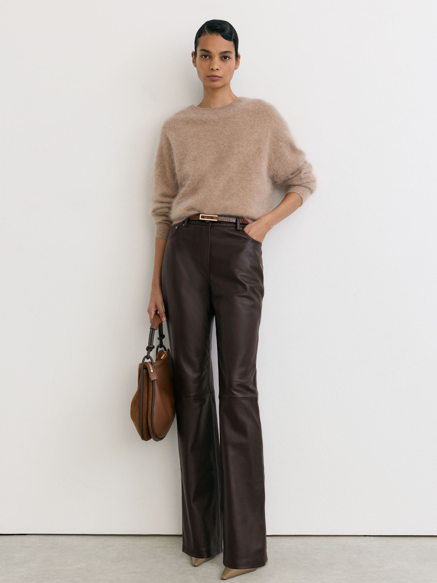 Leather Slim Straight-Leg Trousers in Aubergine - Image 1 of 6