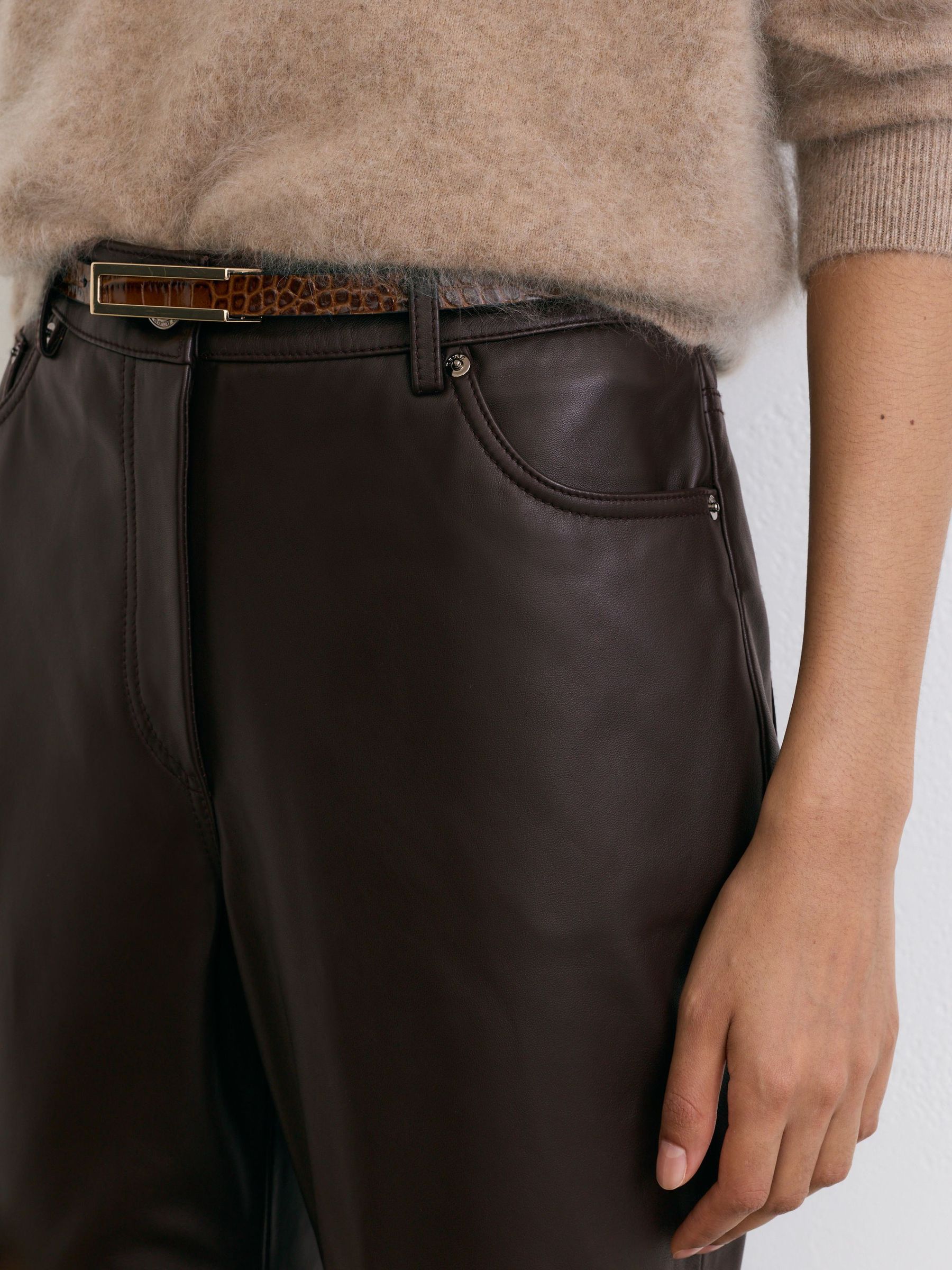 Leather Slim Straight-Leg Trousers in Aubergine - Image 4 of 6