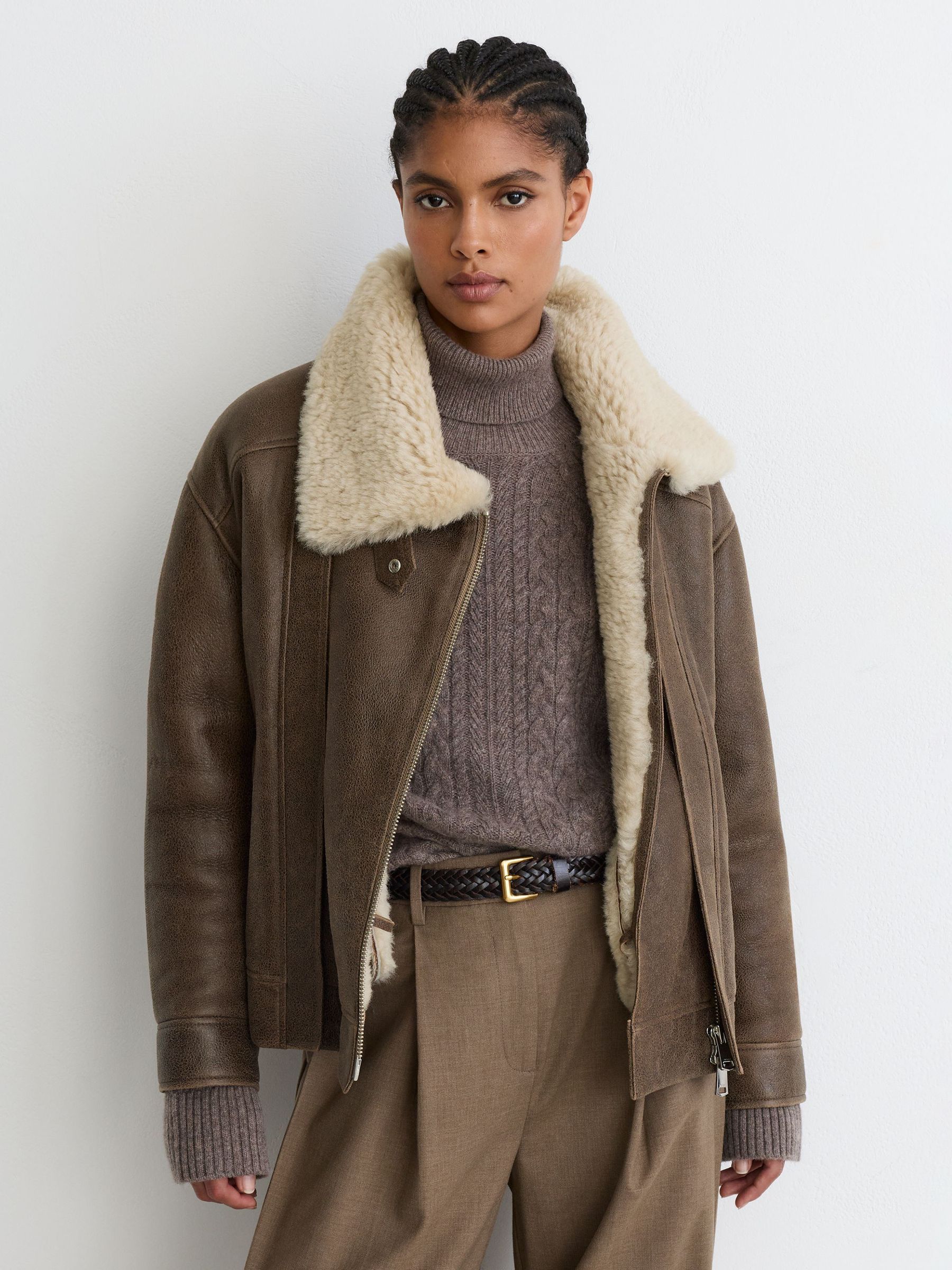 Shearling Aviator Jacket in Brown by Reiss