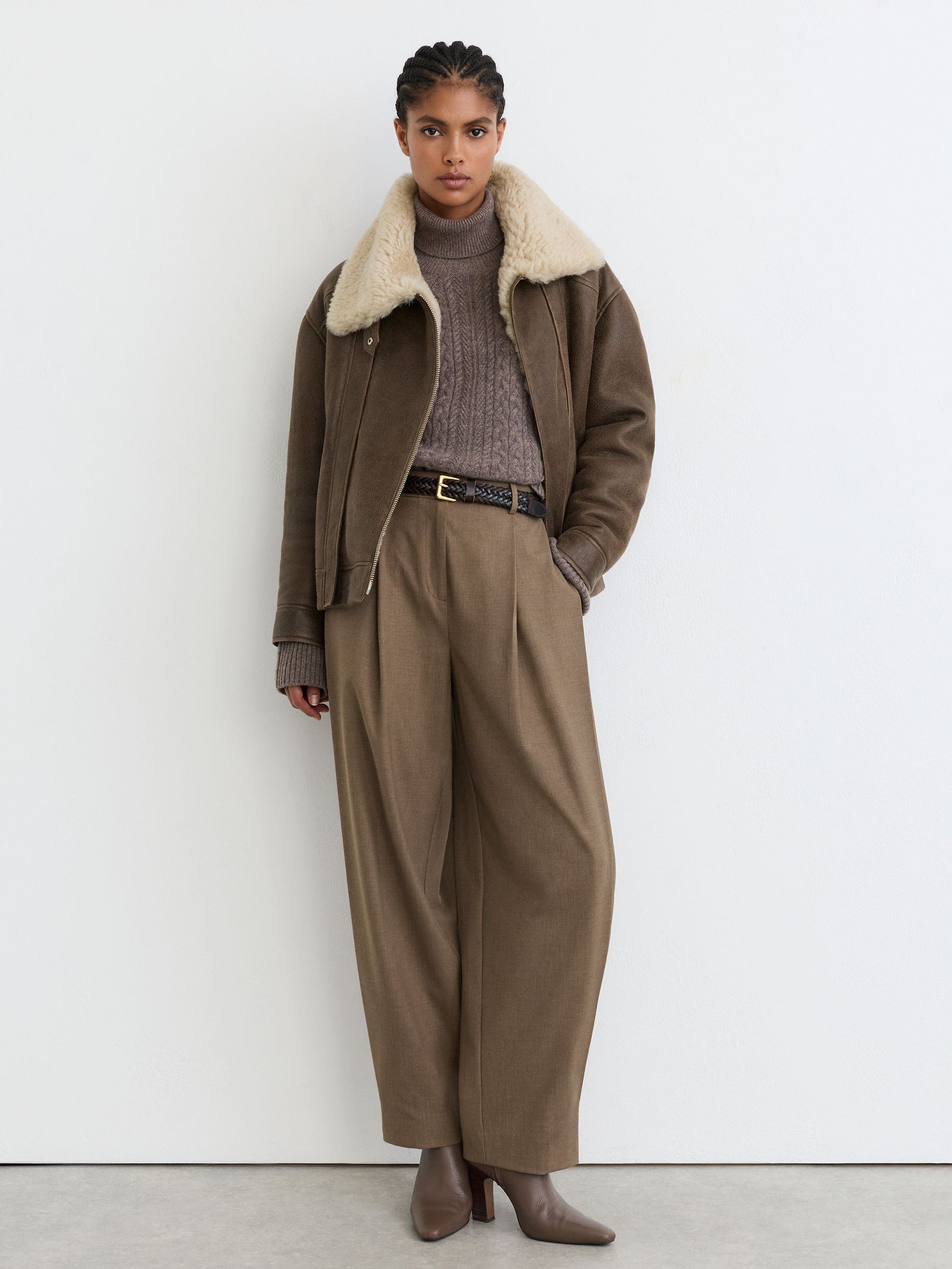 Shearling Aviator Jacket in Brown - Image 4 of 8